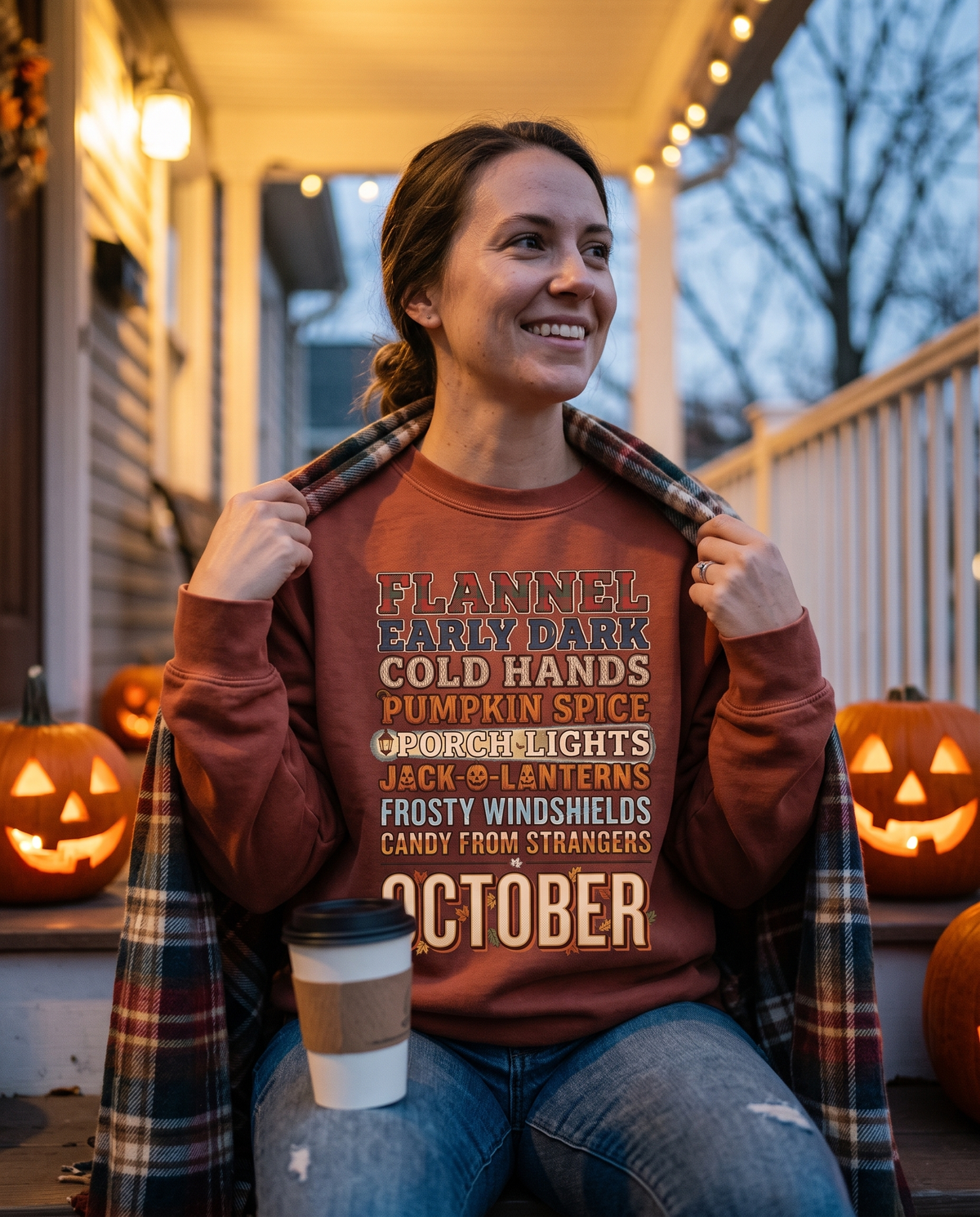 Woman in a Terracotta October crewneck sweatshirt on a front porch step in the early dark, tugging a flannel blanket around her shoulders and holding a paper cup, smiling.