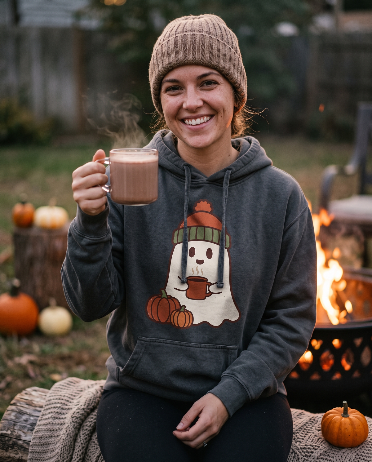 Woman in a Pepper Retro Ghost hoodie and a knitted beanie sitting on a log by a fire pit, raising a cocoa mug in a toast toward the camera, grinning.