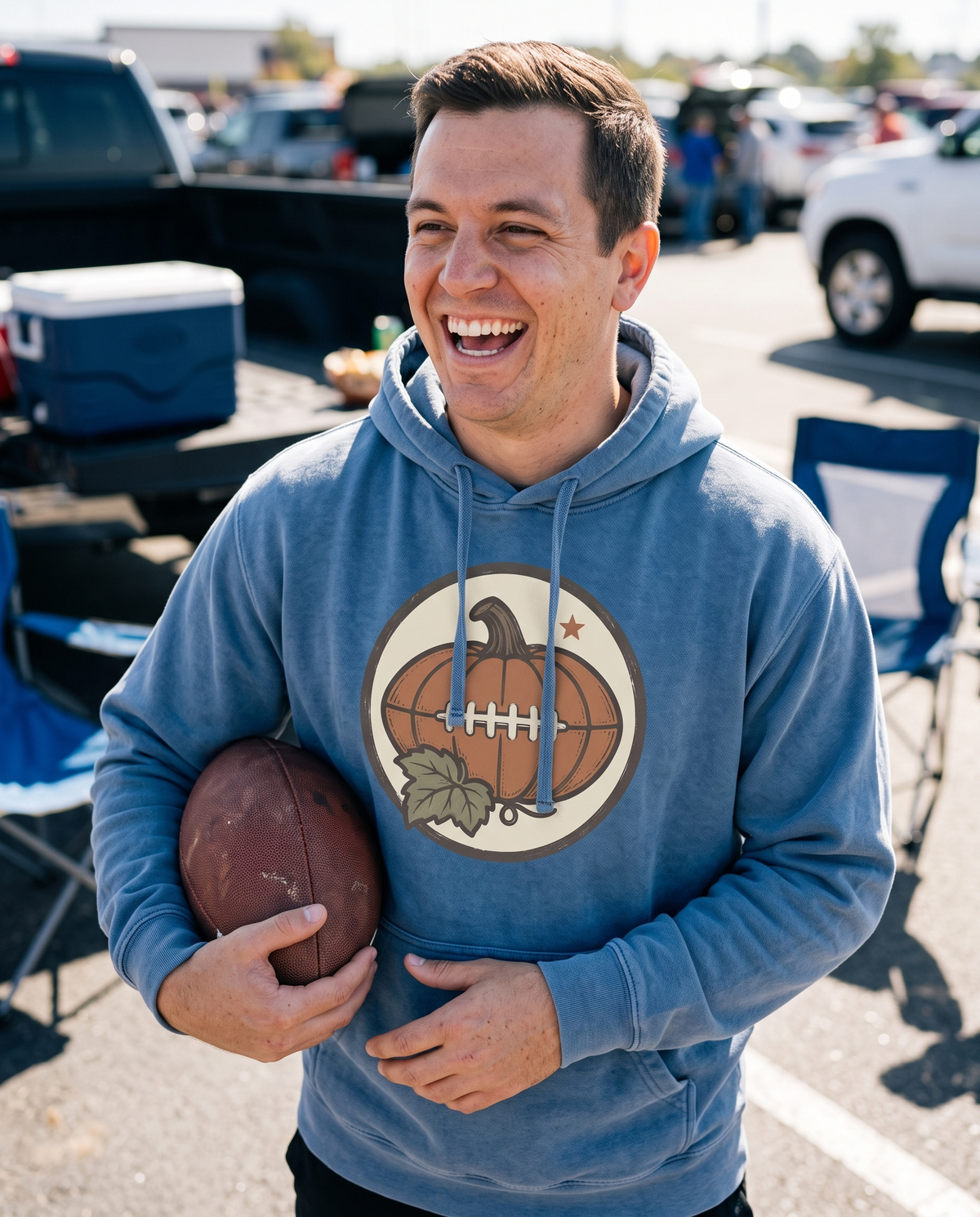 Man in a Blue Jean Pumpkin Football hoodie laughing at a stadium tailgate with a football under one arm