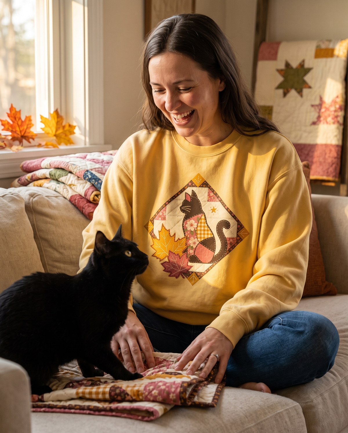 Woman in a Butter Black Cat patchwork quilt crewneck sweatshirt sitting on a sofa folding a quilt while a black cat climbs onto it, in low golden afternoon sun