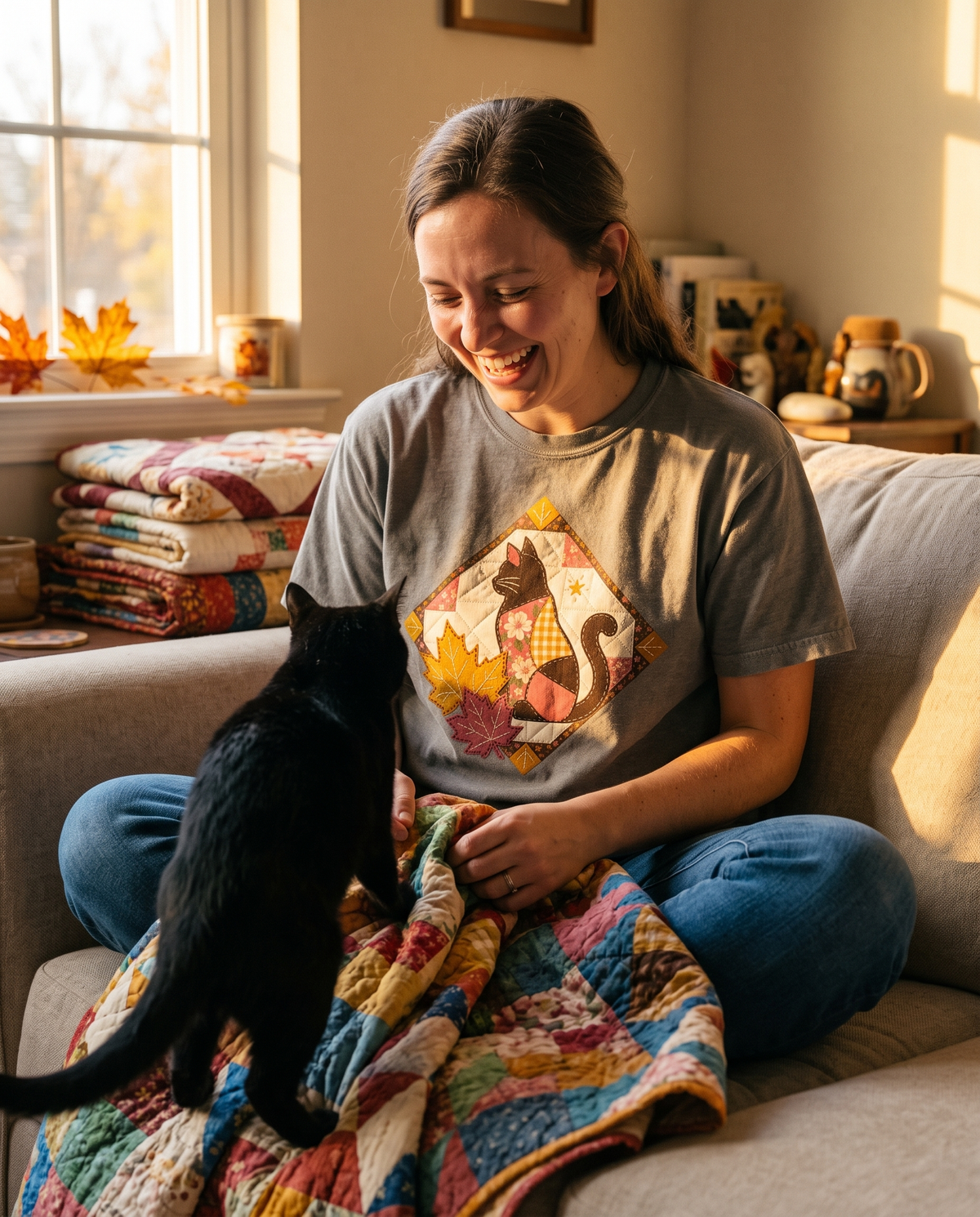 Woman in a Granite Comfort Colors tee with the Black Cat Vintage Patchwork Quilt print, sitting cross-legged on a sofa folding a quilt while a black cat climbs onto it.