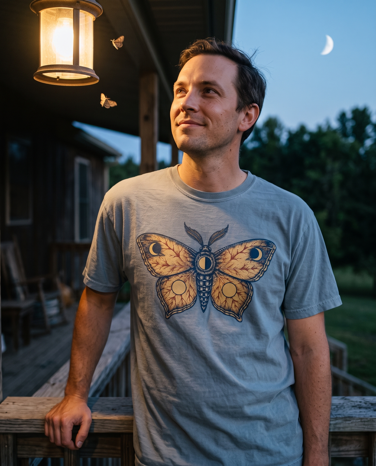 Man in a Blue Jean Comfort Colors tee with the Celestial Moth Vintage Engraved Luna Moth print, leaning on a porch rail at dusk watching moths circle a lantern.