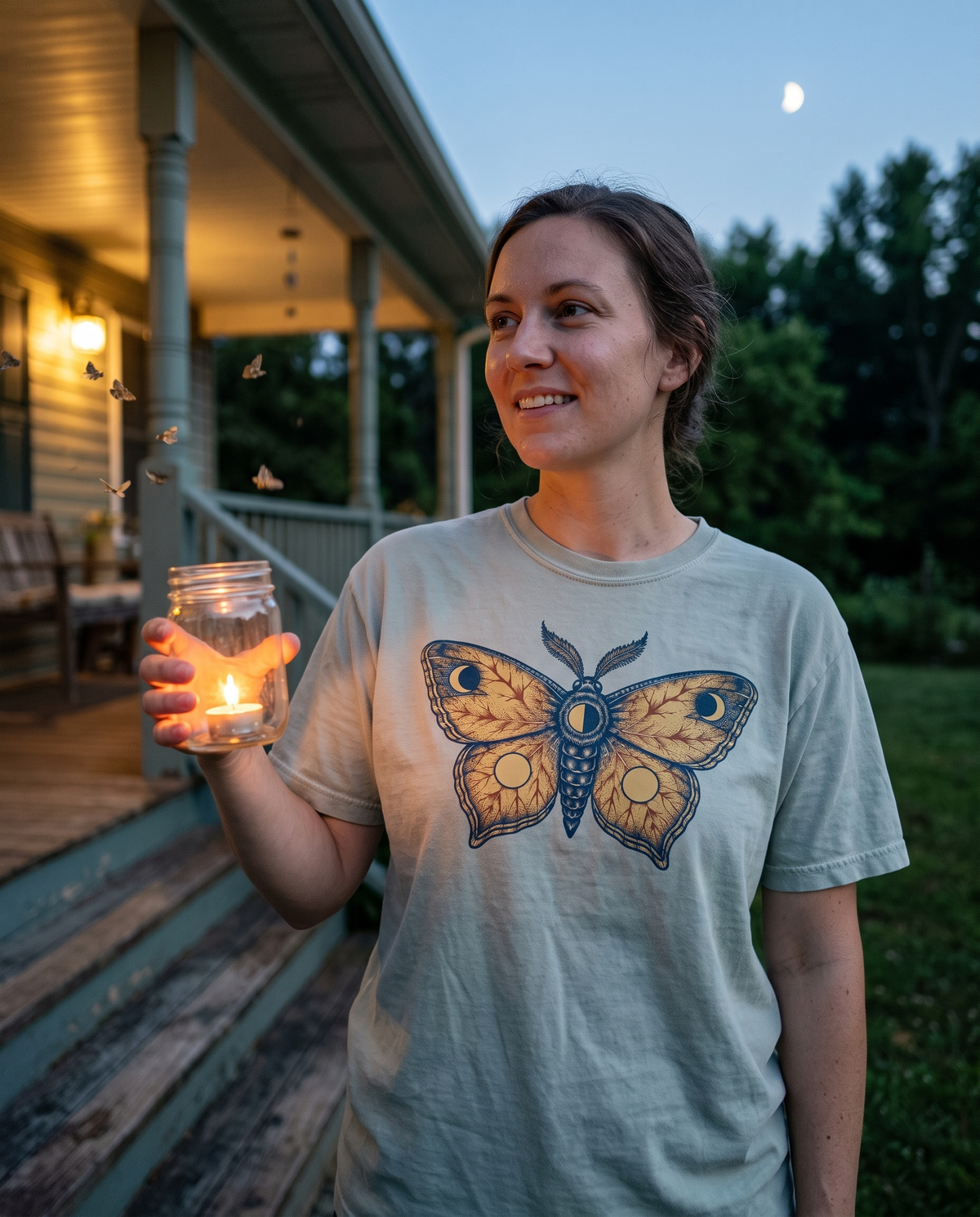Woman in a Bay Comfort Colors tee with the Celestial Moth Vintage Engraved Luna Moth print, on a porch step at dusk holding a jar lantern up toward the garden.