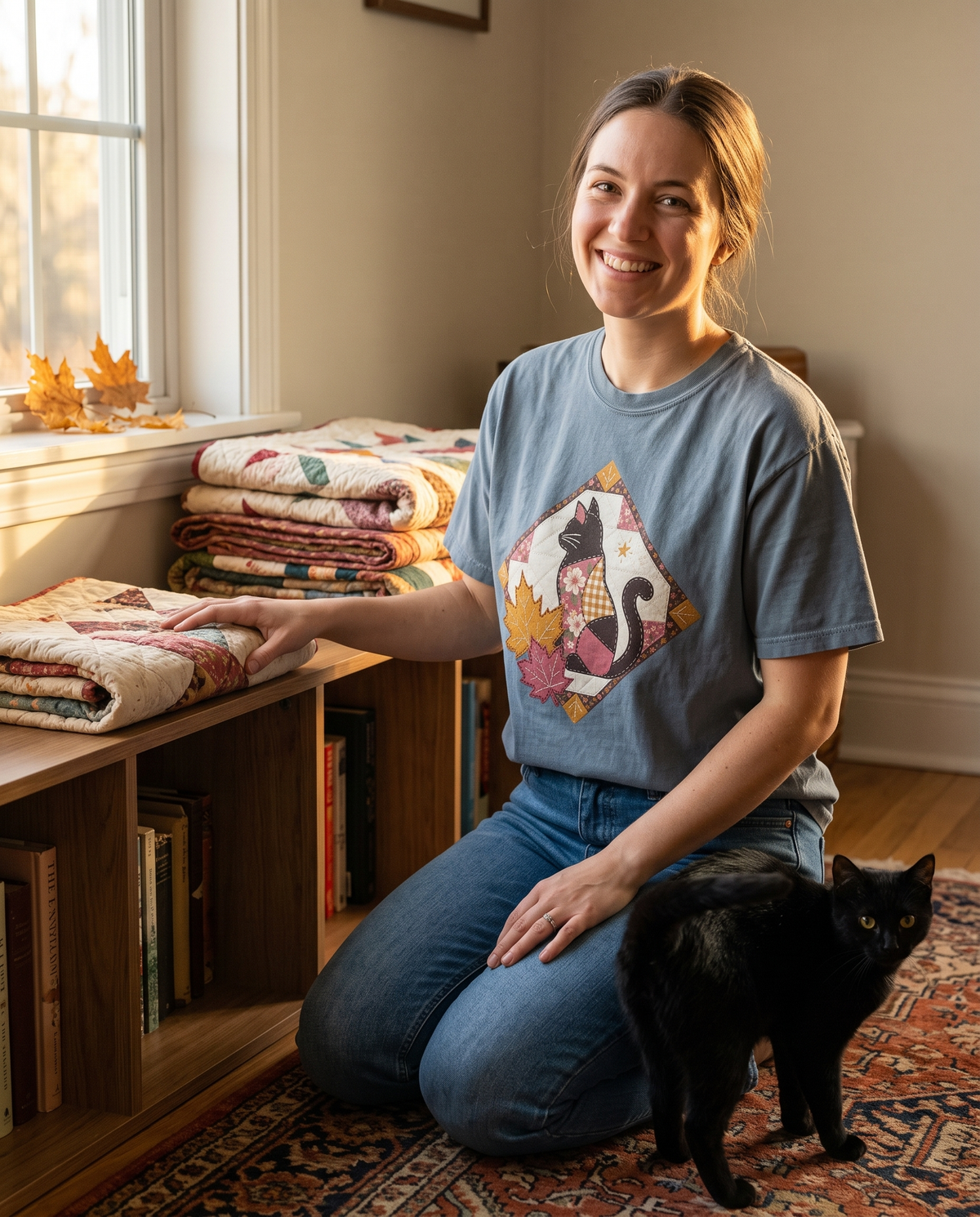 Woman in a Blue Jean Comfort Colors tee with the Black Cat Vintage Patchwork Quilt print, kneeling at a bookshelf sliding a quilt onto it while a black cat weaves past her knee.