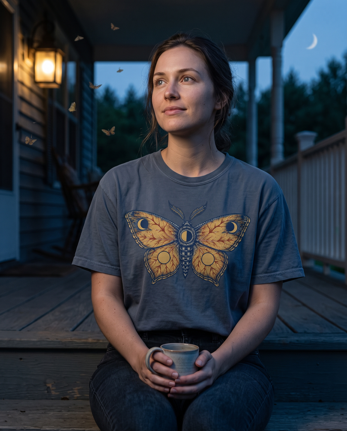 Woman in a Denim Comfort Colors tee with the Celestial Moth Vintage Engraved Luna Moth print, sitting on porch steps at dusk with a mug looking up at moths around the light.