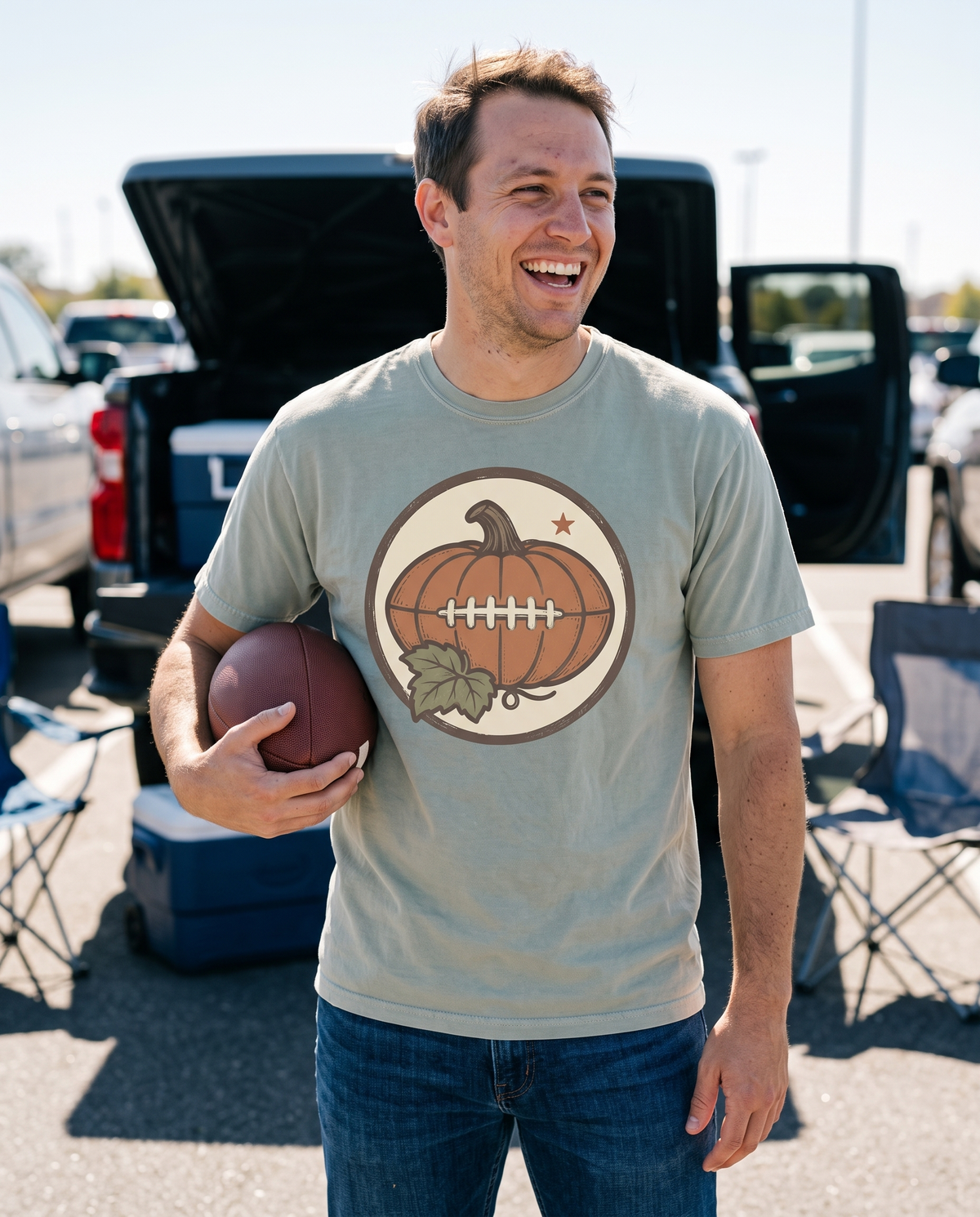 Man in a Bay Comfort Colors tee with the Pumpkin Football Vintage Fall Saturday Tailgate print, laughing at a tailgate with a football tucked under one arm at his hip.