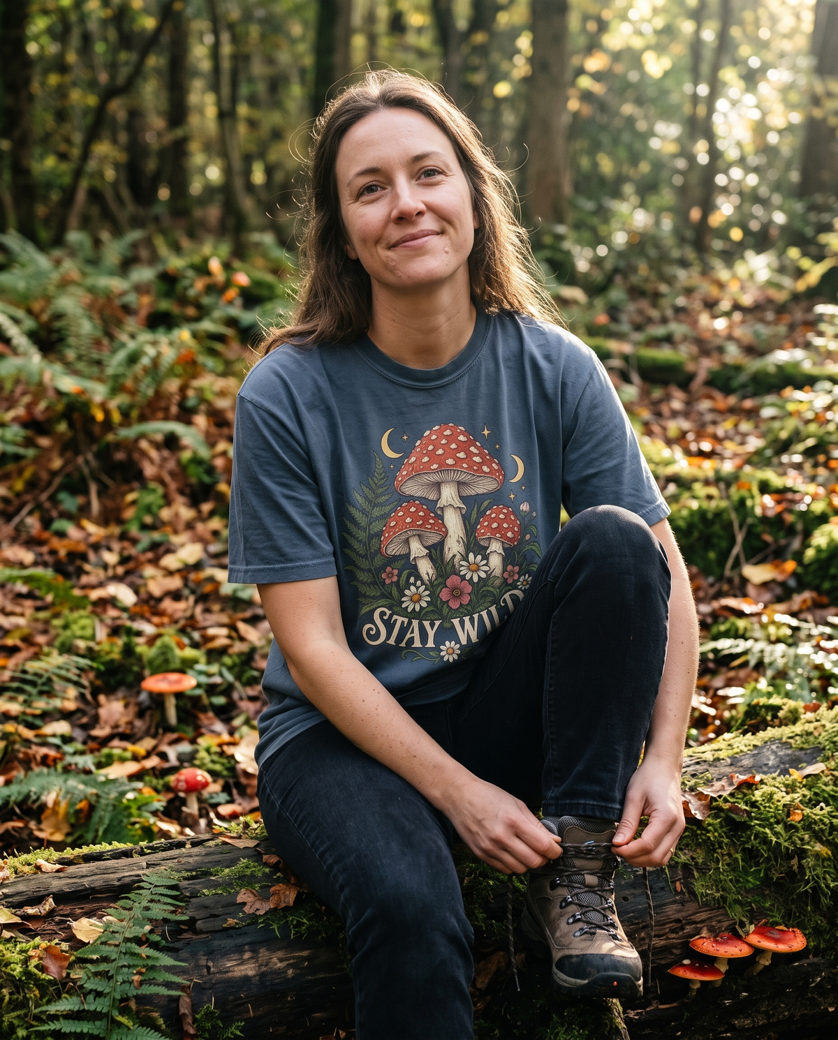 Woman in a Denim Comfort Colors tee with the Mushroom Vintage Botanical Toadstool print, sitting on a mossy log in the woods lacing a boot with toadstools beside the log.