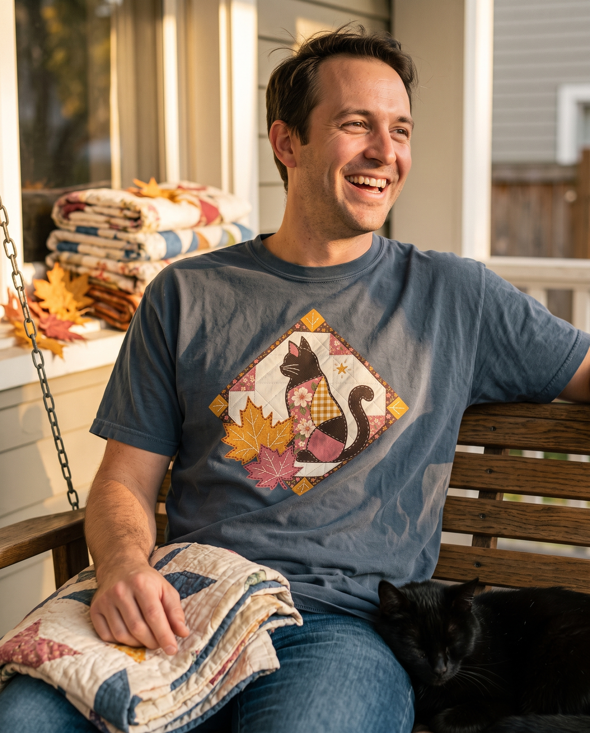 Man in a Denim Comfort Colors tee with the Black Cat Vintage Patchwork Quilt print, on a porch swing with a folded quilt on his lap and a black cat asleep beside him.