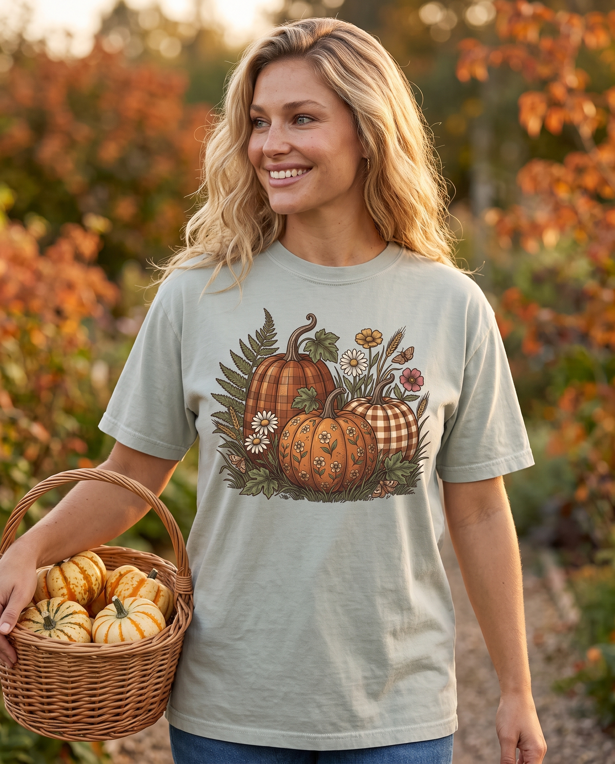 A woman walks a garden path at golden hour carrying a wicker basket of small striped gourds, autumn foliage behind her.