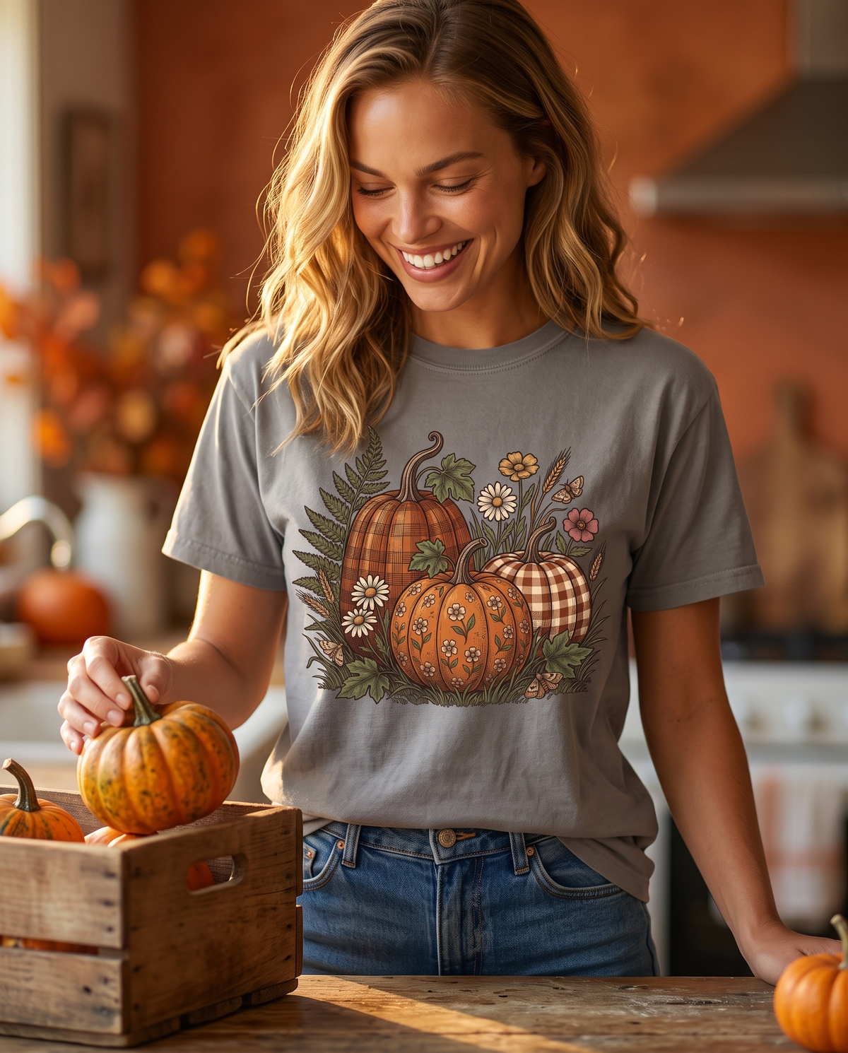 A woman laughs in a warm farmhouse kitchen while lifting a small heirloom pumpkin out of a wooden crate on the counter.