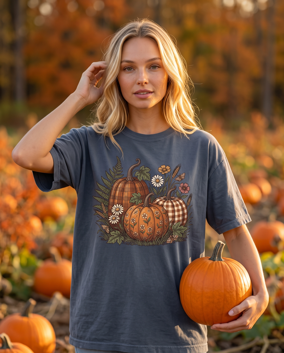 A woman stands in a pumpkin patch at sunset holding a pumpkin at her hip, one hand lifting her hair.