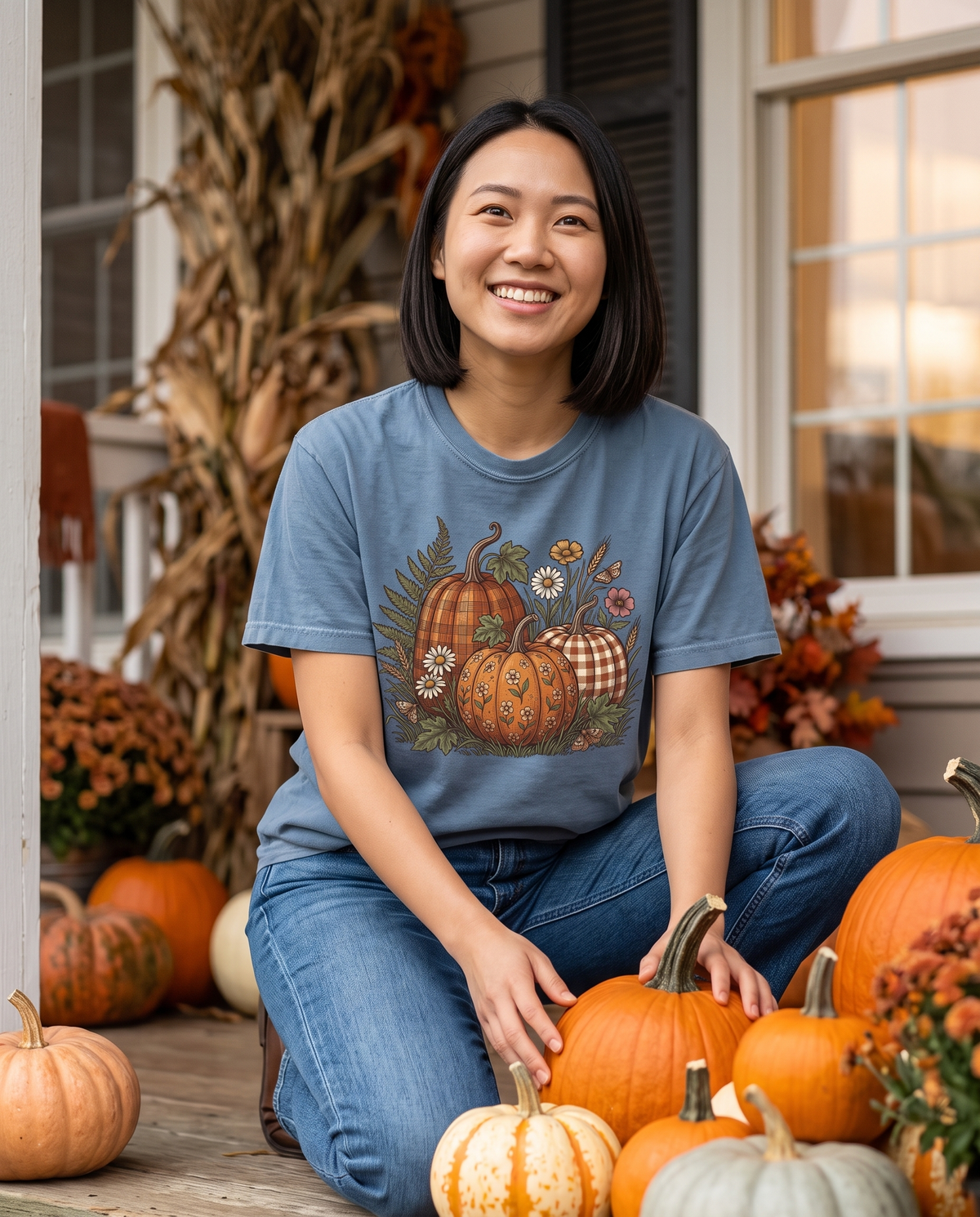 A woman sits on a front porch step surrounded by pumpkins, mums and dried cornstalks, smiling at the camera.