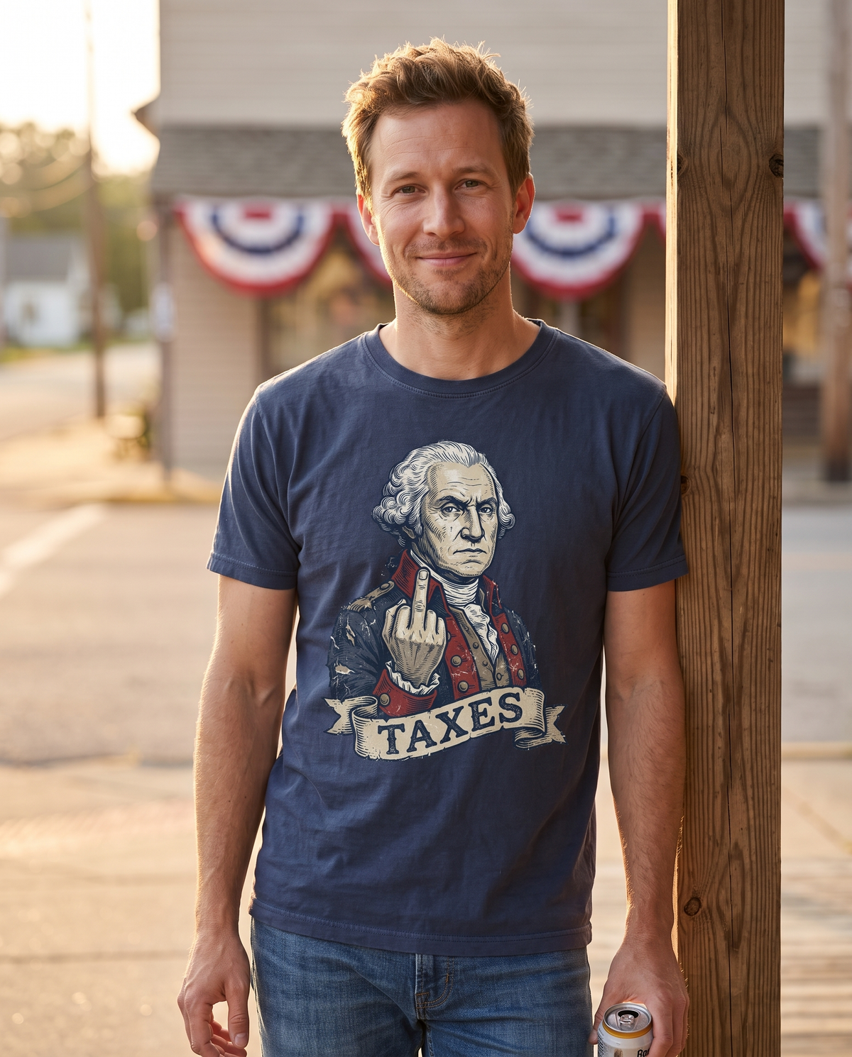 A man leans against a wooden post on a small-town street with red, white and blue bunting on the storefront behind him.