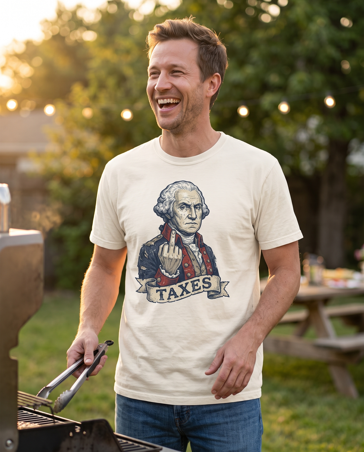 A man laughs at a backyard grill under string lights at golden hour, holding a pair of tongs.