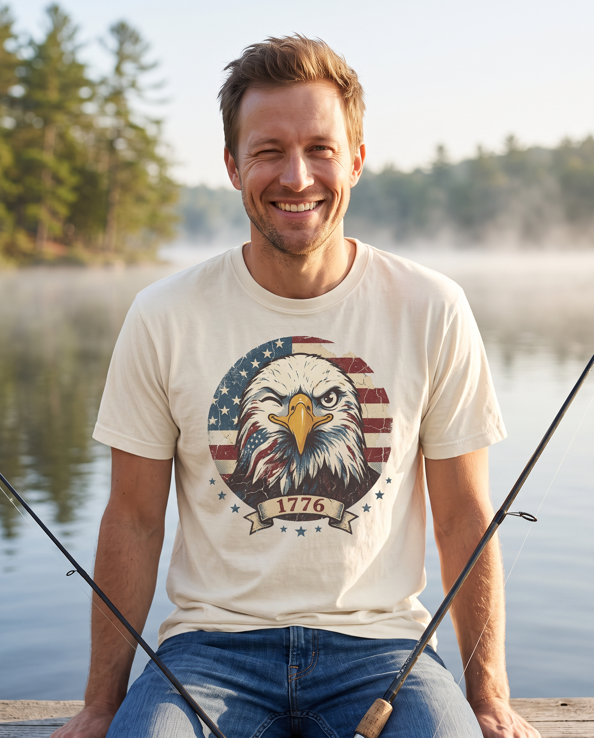 A man sits on a dock at a misty lake in the morning with two fishing rods angled into the frame.