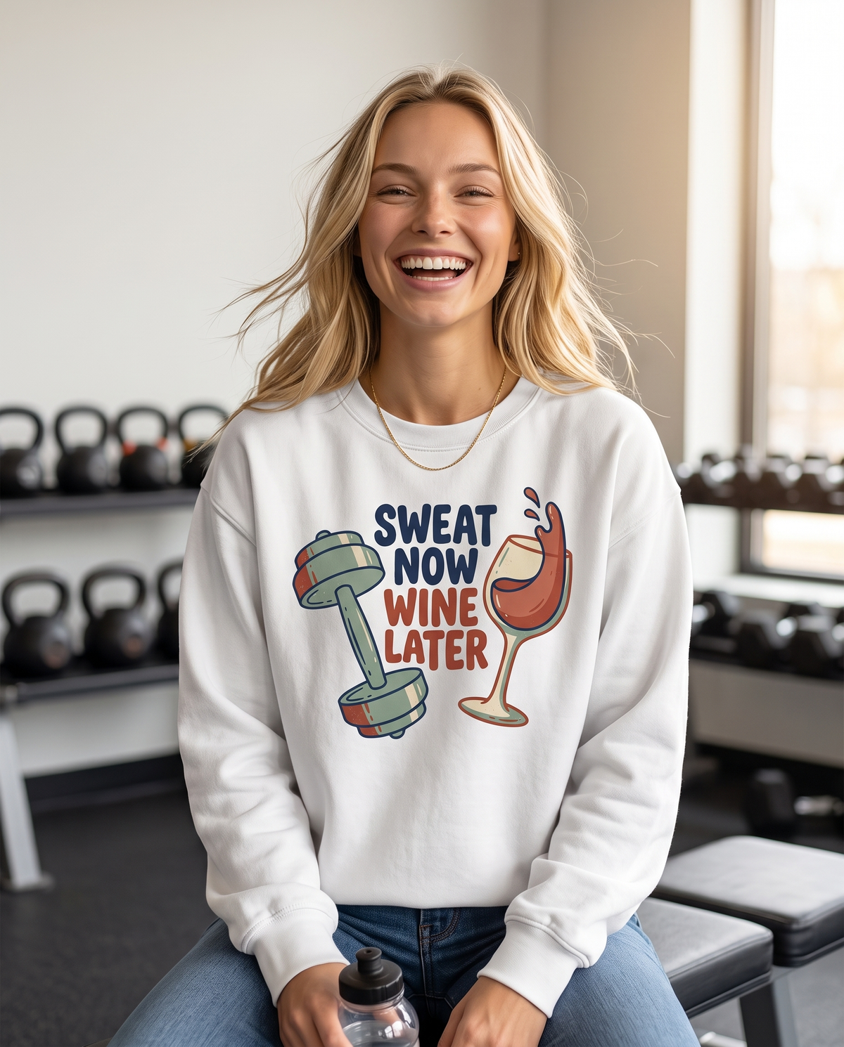 A woman laughs in a gym with kettlebell and dumbbell racks behind her, a water bottle in her lap.