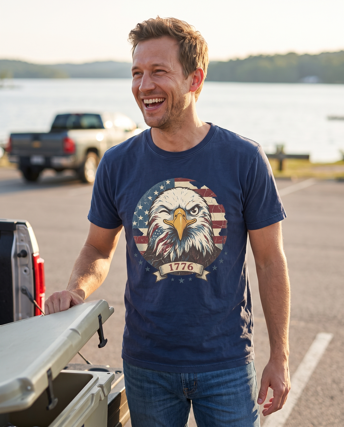A man laughs beside an open cooler on a truck tailgate at a lakeside boat ramp in evening light.