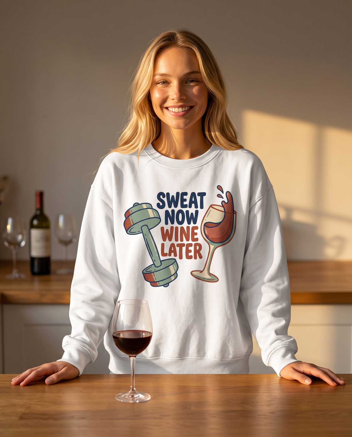 A woman stands at a sunlit kitchen island with a poured glass of red wine in front of her and a wine bottle behind.