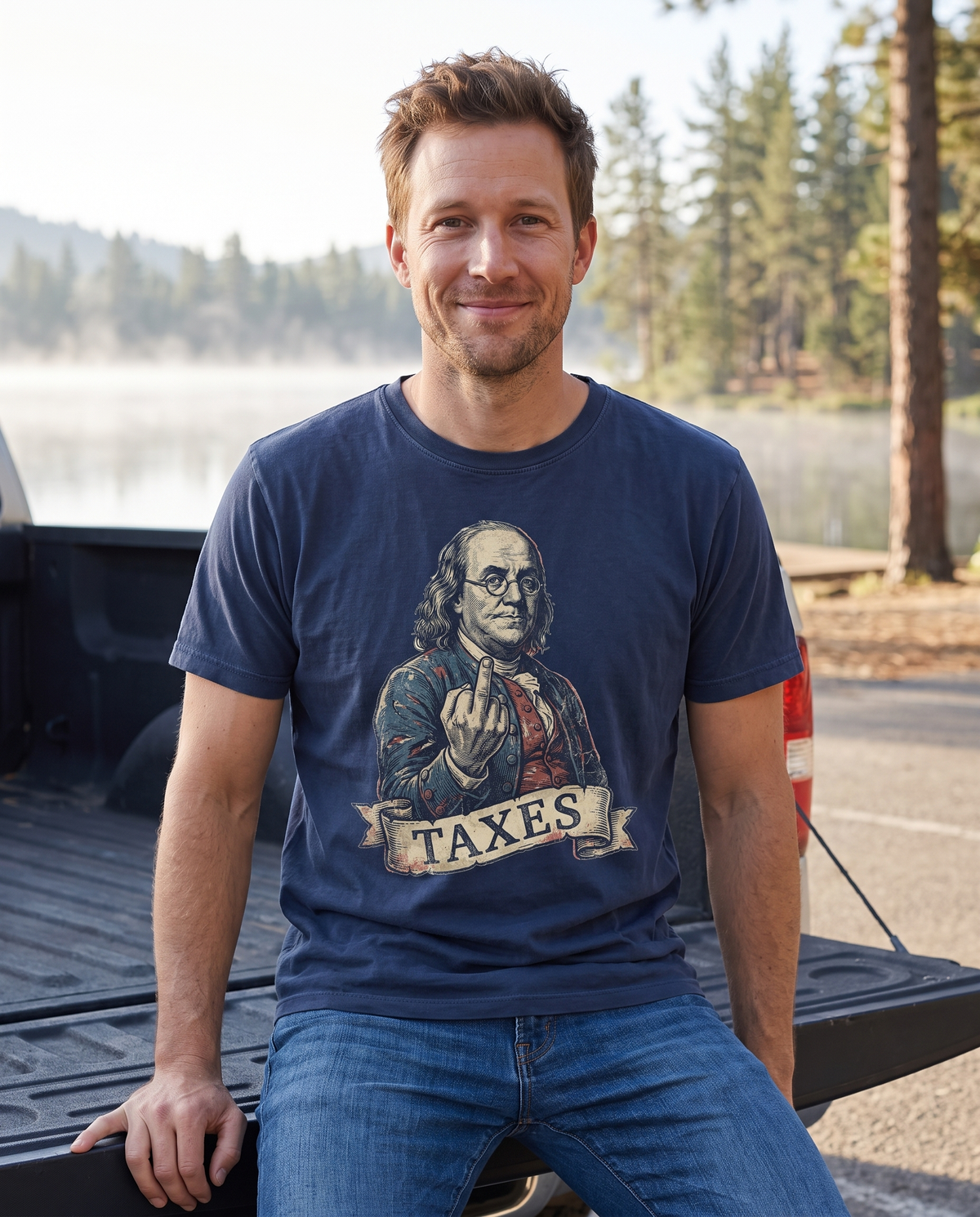 A man sits on the open tailgate of a pickup at a misty lakeside lot in the morning.
