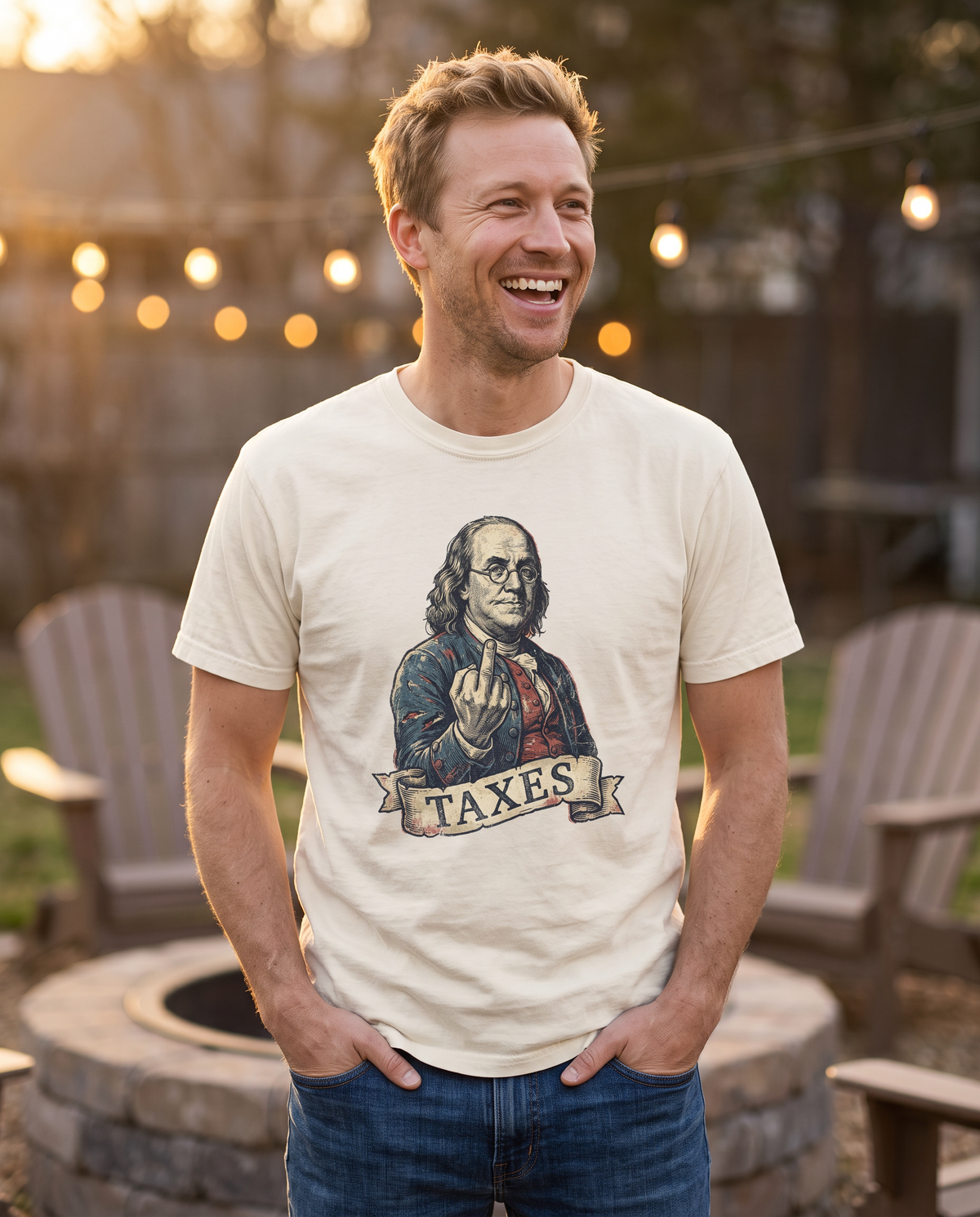 A man laughs beside a backyard stone fire pit at dusk, both hands in his pockets, string lights and Adirondack chairs behind him.
