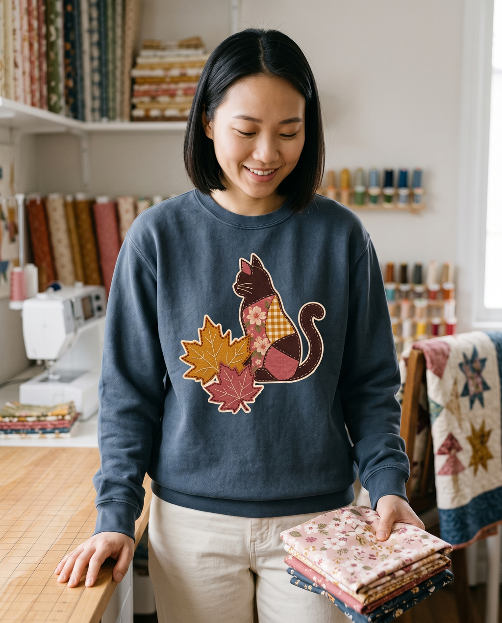 Woman in a home sewing room wearing a Denim blue crewneck sweatshirt printed with a patchwork black cat and two fall maple leaves, lifestyle photograph