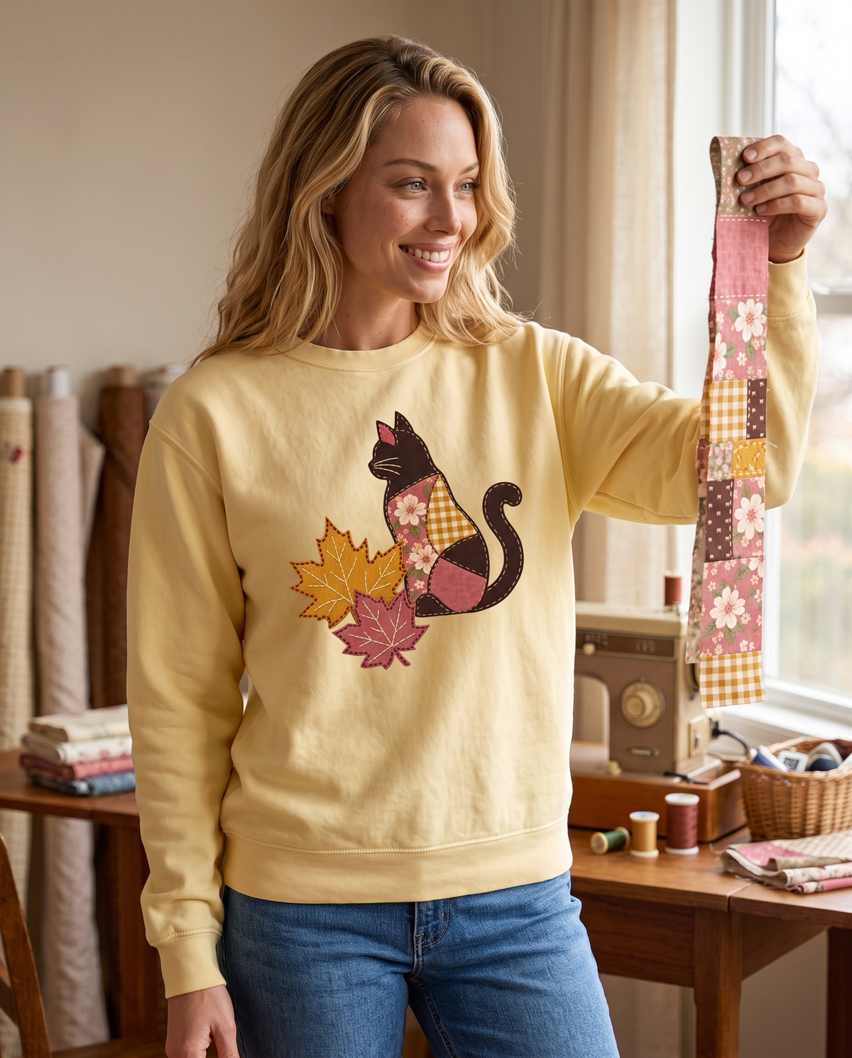 Woman in a sewing room holding up a patchwork strip, wearing a Butter yellow crewneck sweatshirt printed with a patchwork black cat and two fall maple leaves, lifestyle photograph