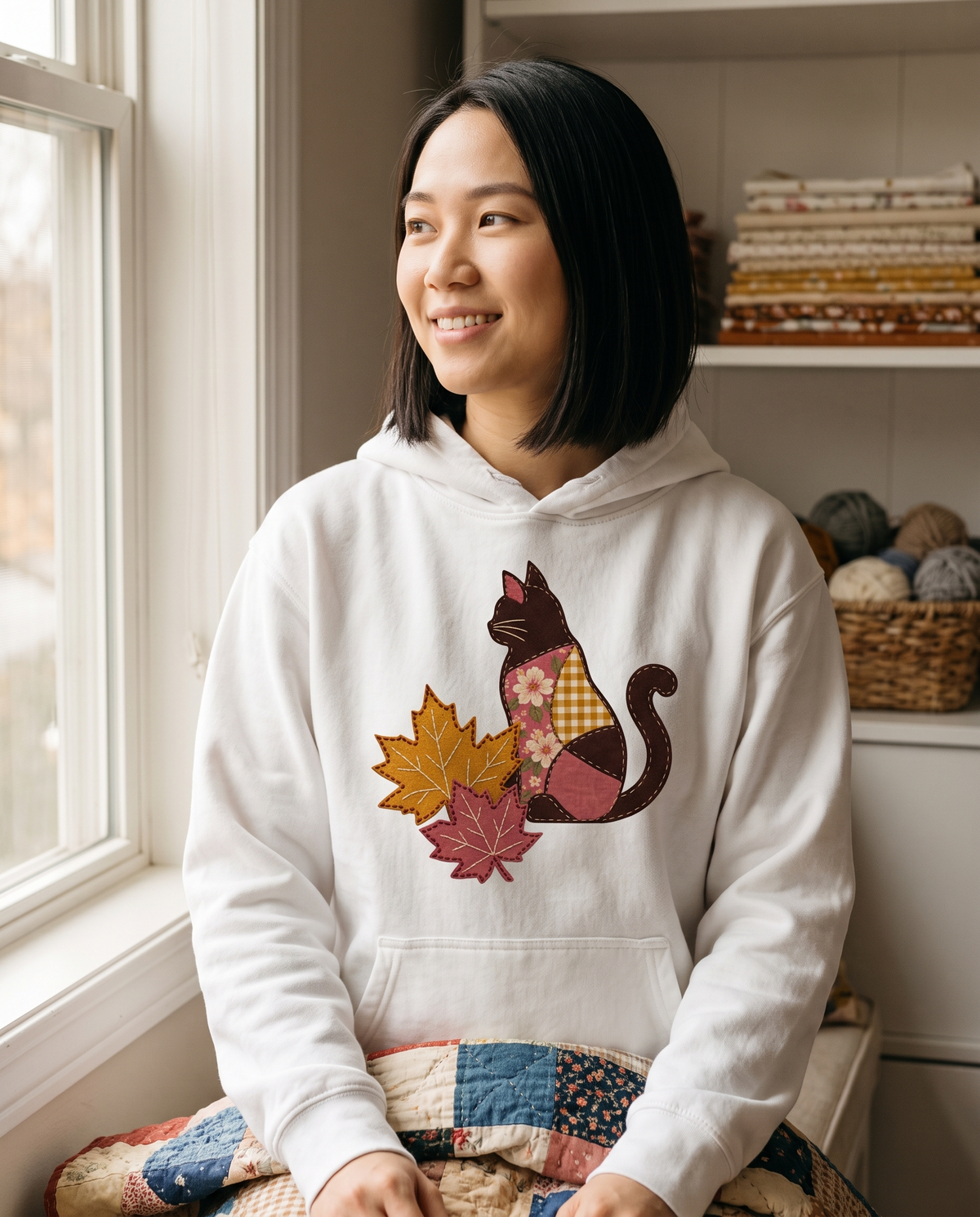 Woman on a sewing room window seat wearing a White hoodie printed with a patchwork black cat and two fall maple leaves, lifestyle photograph
