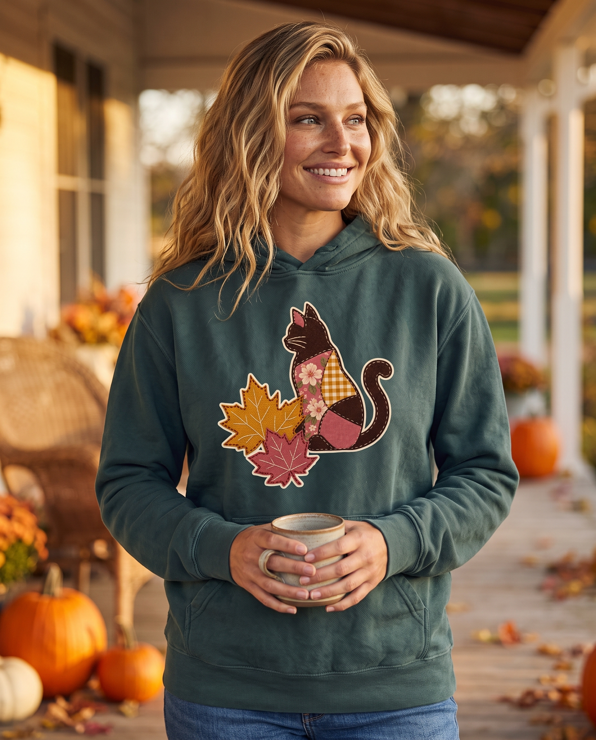 Woman on a farmhouse porch holding a mug, wearing a Blue Spruce green hoodie printed with a patchwork black cat and two fall maple leaves, lifestyle photograph