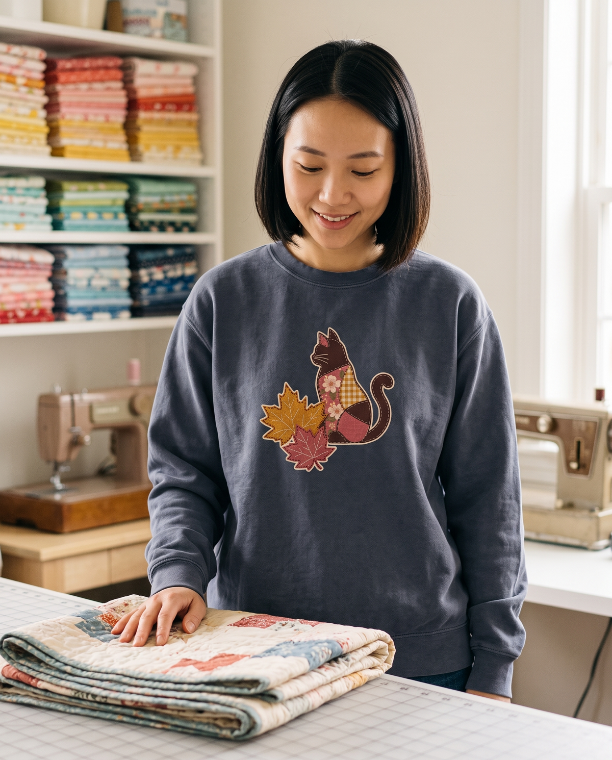 Woman in a sewing room wearing a Denim slate blue crewneck sweatshirt printed with a patchwork black cat and two fall maple leaves, lifestyle photograph