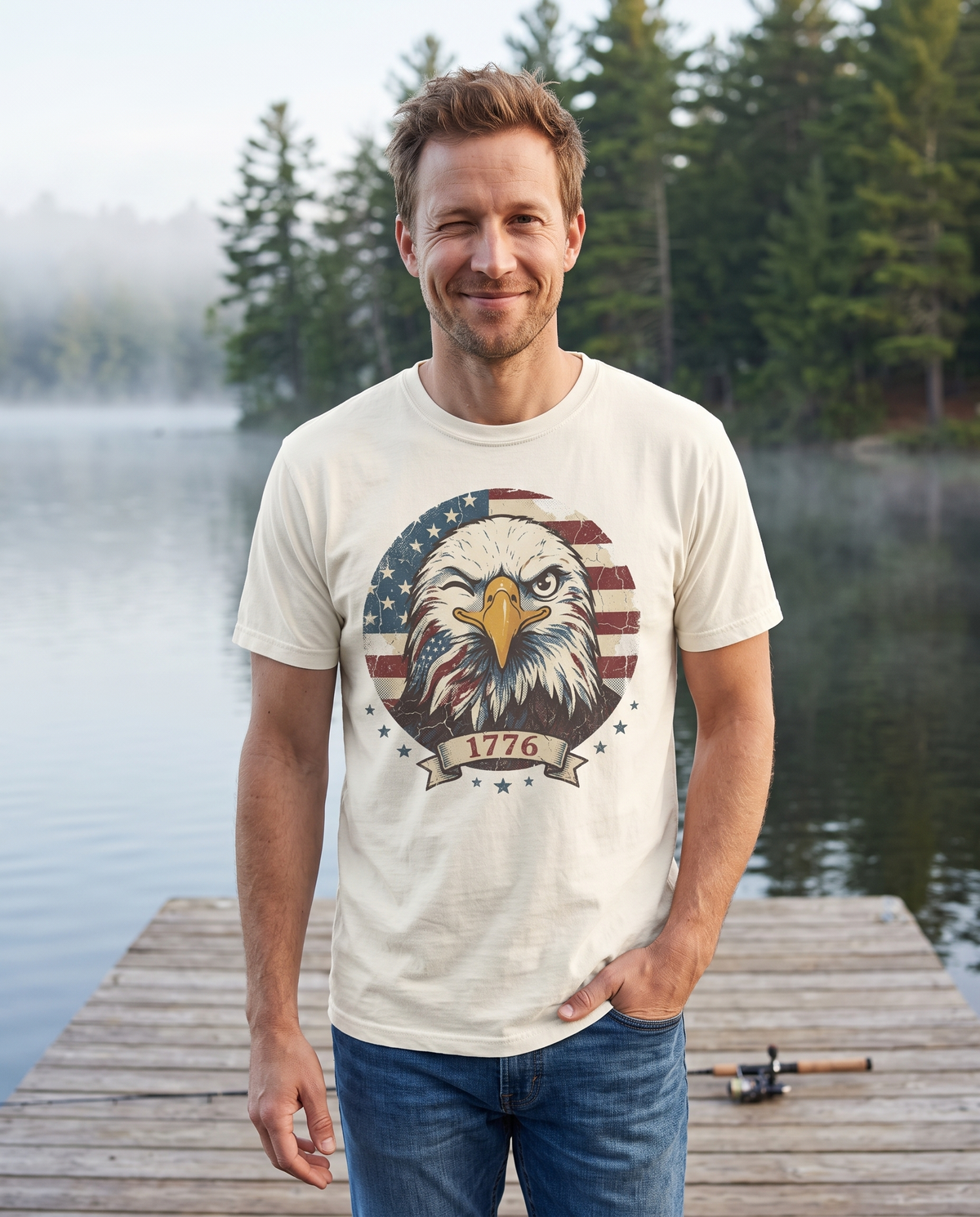 Winking man on a wooden dock over a misty lake with pines and a fishing rod, wearing an ivory tee with a winking bald eagle, American flag circle and 1776 banner.