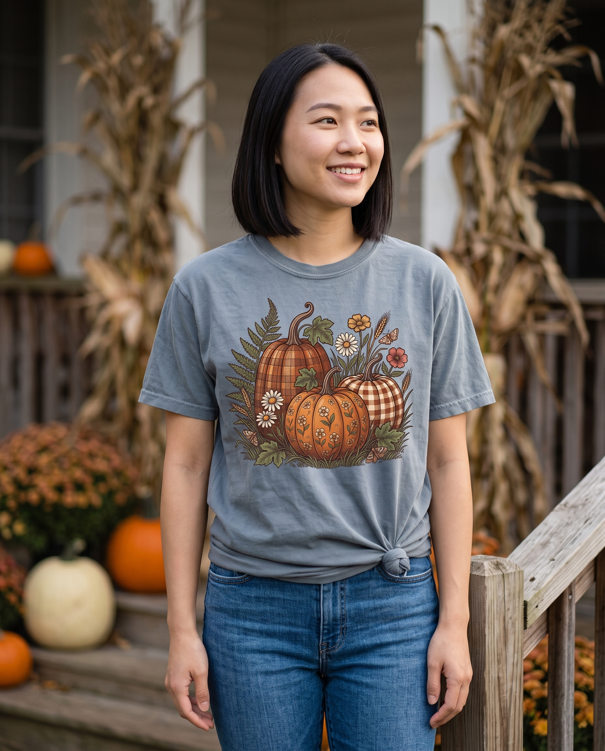 Smiling woman on a farmhouse porch with corn stalks, mums and pumpkins, wearing a blue-grey tee knotted at the hem with a plaid pumpkin and wildflower print, and jeans.