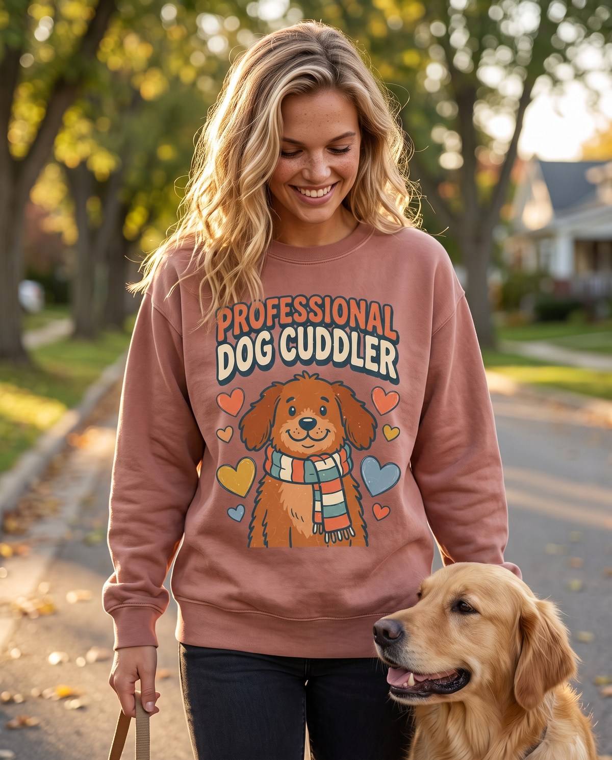 Smiling woman walking a golden retriever down a leafy autumn street in a Clay crewneck with the Professional Dog Cuddler puppy print