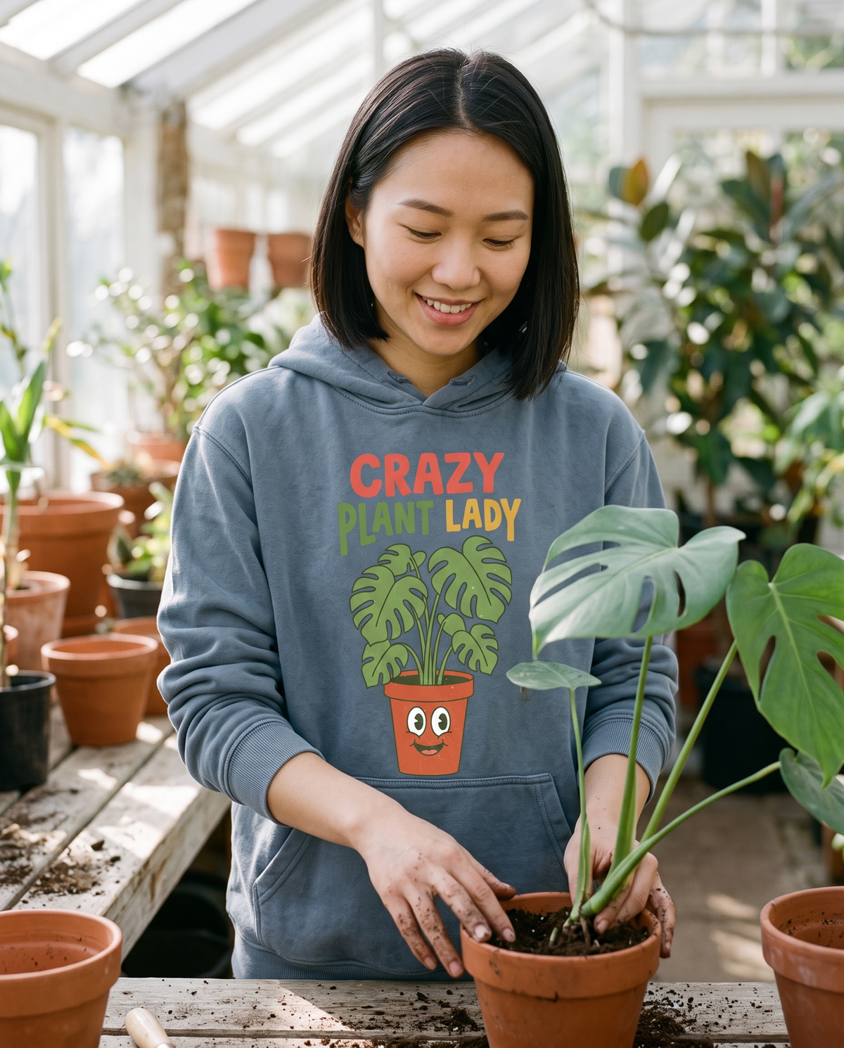 Smiling woman repotting a monstera in a sunlit greenhouse, wearing a Blue Jean hoodie with the Crazy Plant Lady potted plant print
