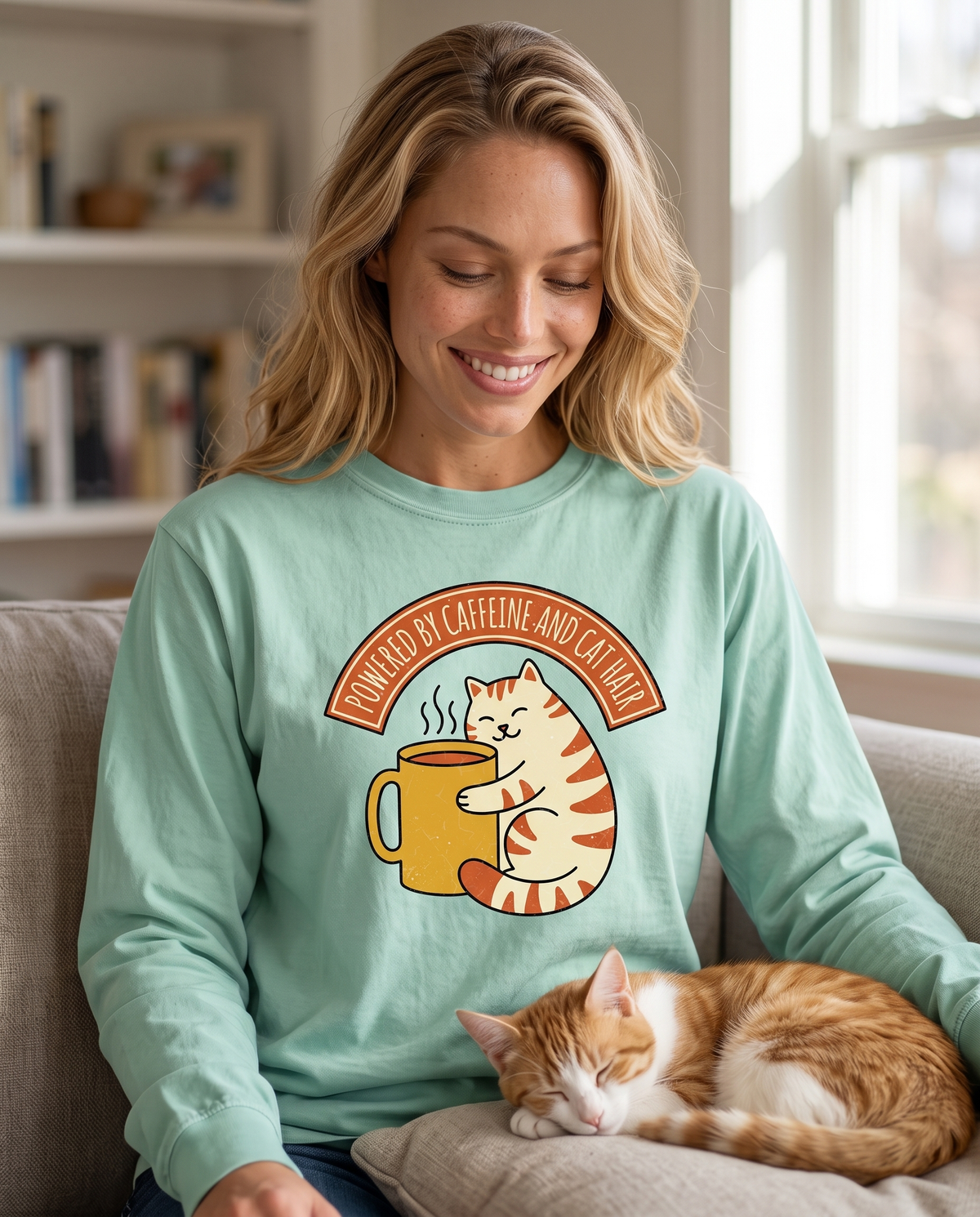 Smiling woman on a sofa by a bright window in a Seafoam long sleeve with the cat and coffee mug print, orange tabby asleep beside her