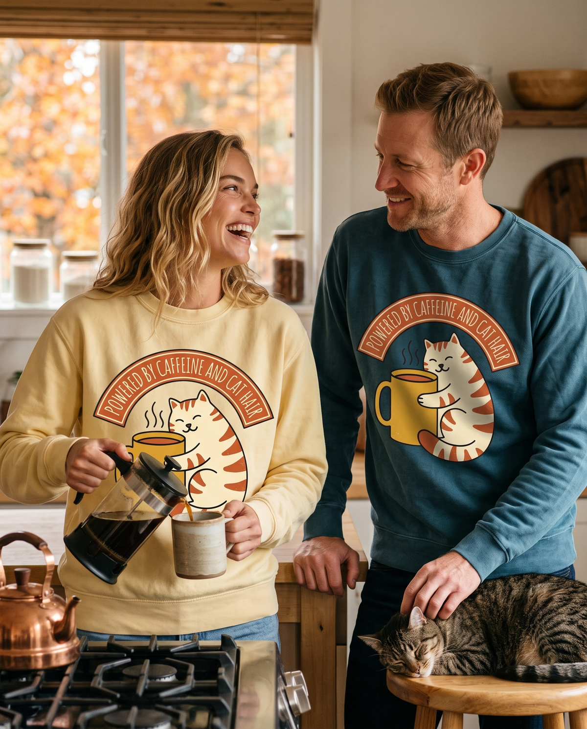 Couple in a sunny kitchen wearing Cat Coffee Powered by Caffeine crewnecks in Butter and Ocean, pouring French press coffee and petting a tabby cat