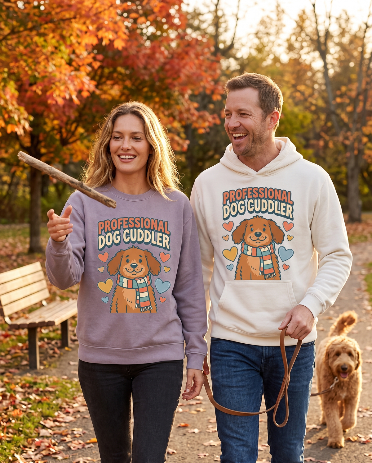Couple walking a dog on a leafy autumn path in Professional Dog Cuddler crewneck and White hoodie, holding a stick