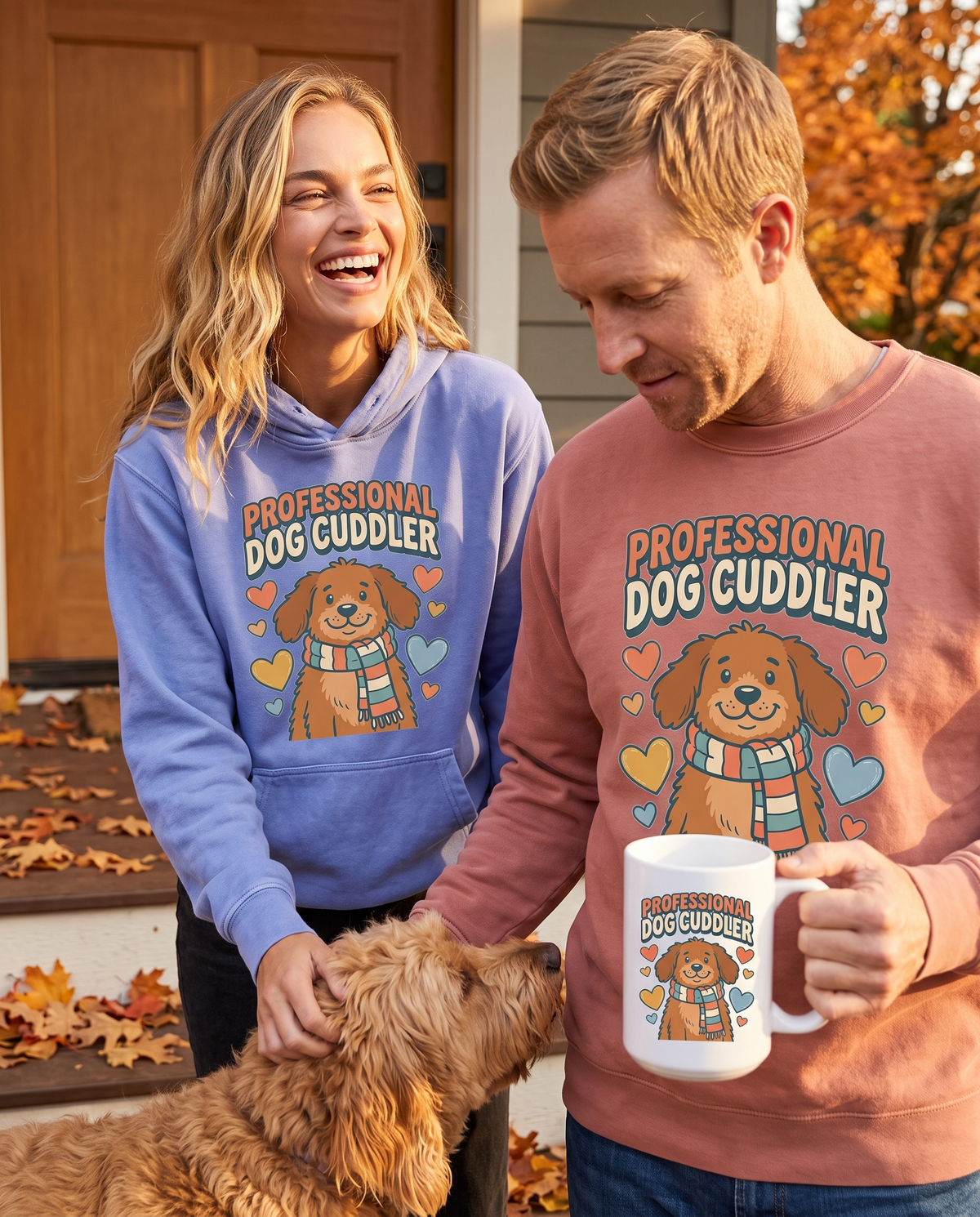 Couple on a porch with fall leaves petting a dog, wearing Professional Dog Cuddler hoodie and crewneck, holding the Dog Cuddler mug