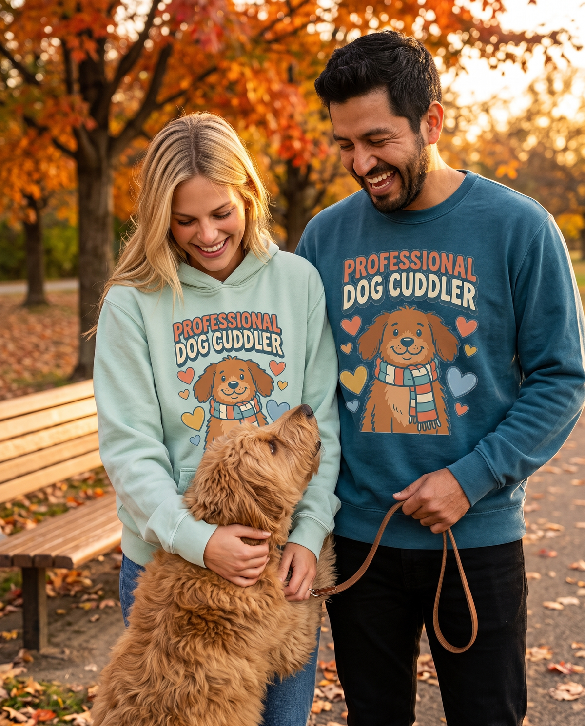 Couple laughing in an autumn park with a curly dog, wearing Professional Dog Cuddler hoodie and crewneck