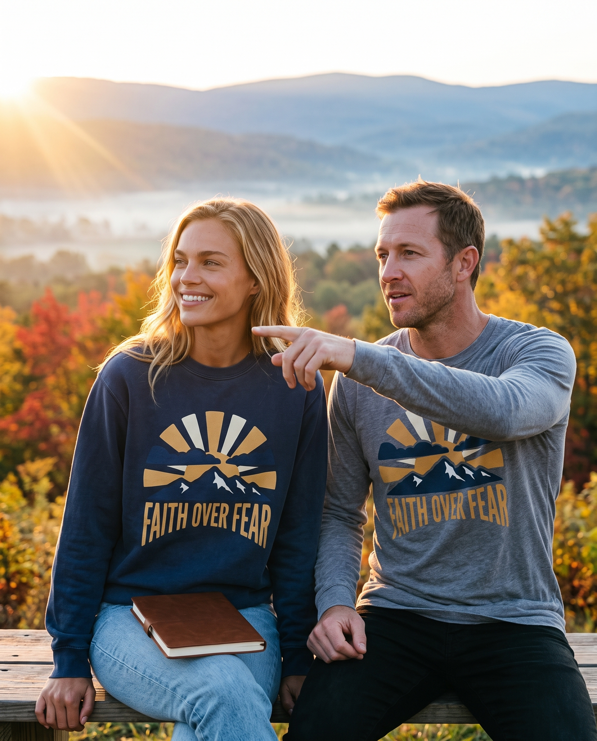 Couple on a misty autumn overlook in a Faith Over Fear navy crewneck and grey long sleeve tee, pointing at the view
