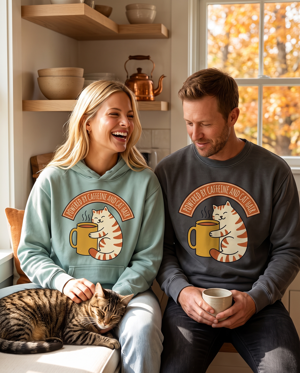 Couple on a cozy kitchen window seat with a sleeping tabby cat, wearing Cat Coffee Powered by Caffeine hoodie and Smoke crewneck