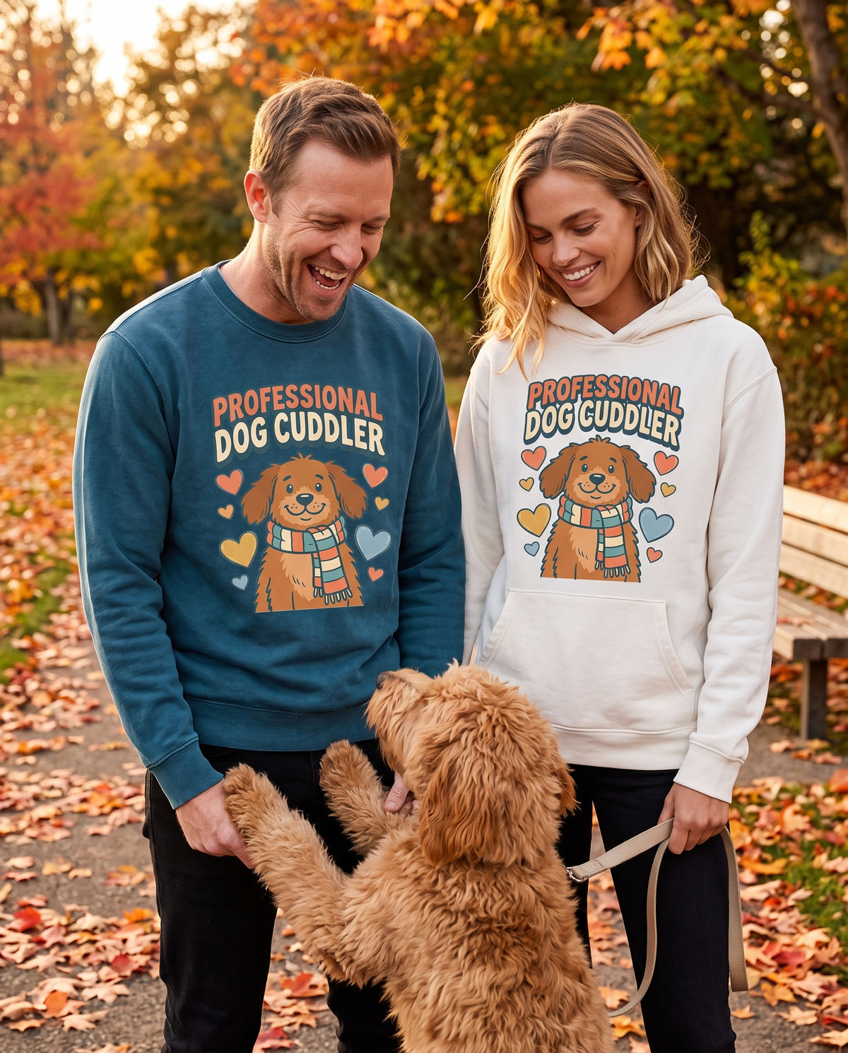 Couple with a curly dog on fall leaves wearing a Professional Dog Cuddler crewneck and White hoodie