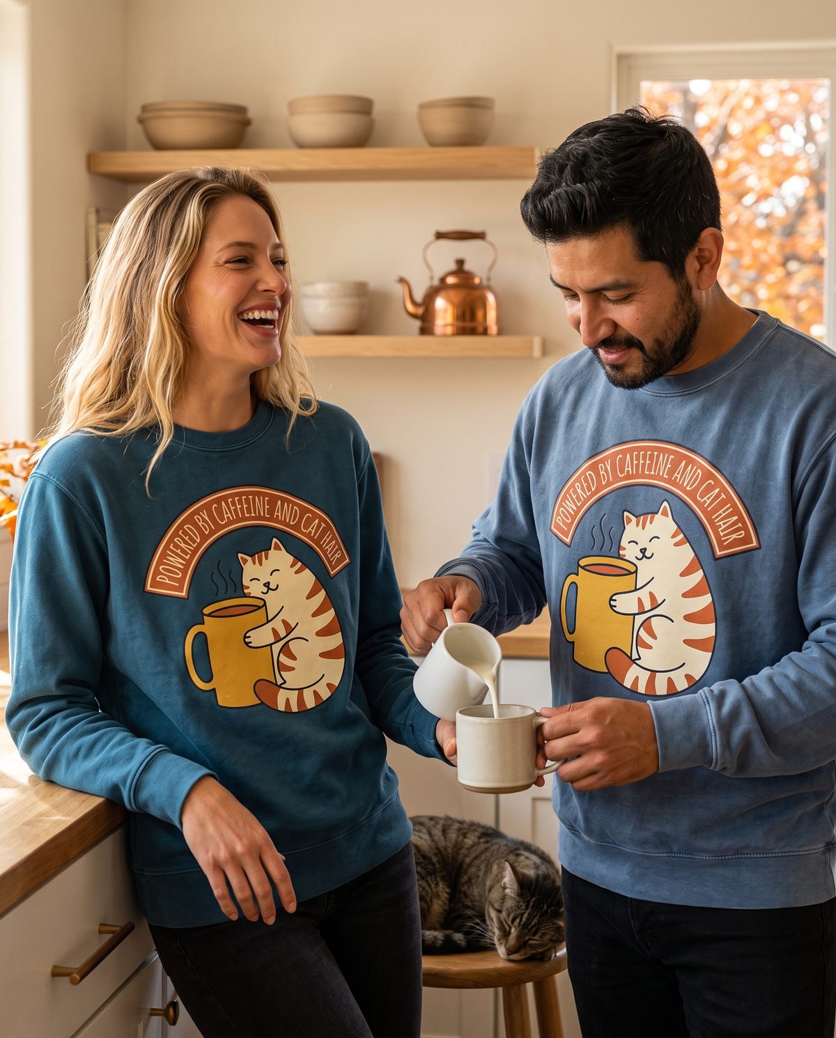 Couple laughing in a kitchen pouring milk into coffee, wearing Cat Coffee Powered by Caffeine crewnecks in Ocean and Blue Jean