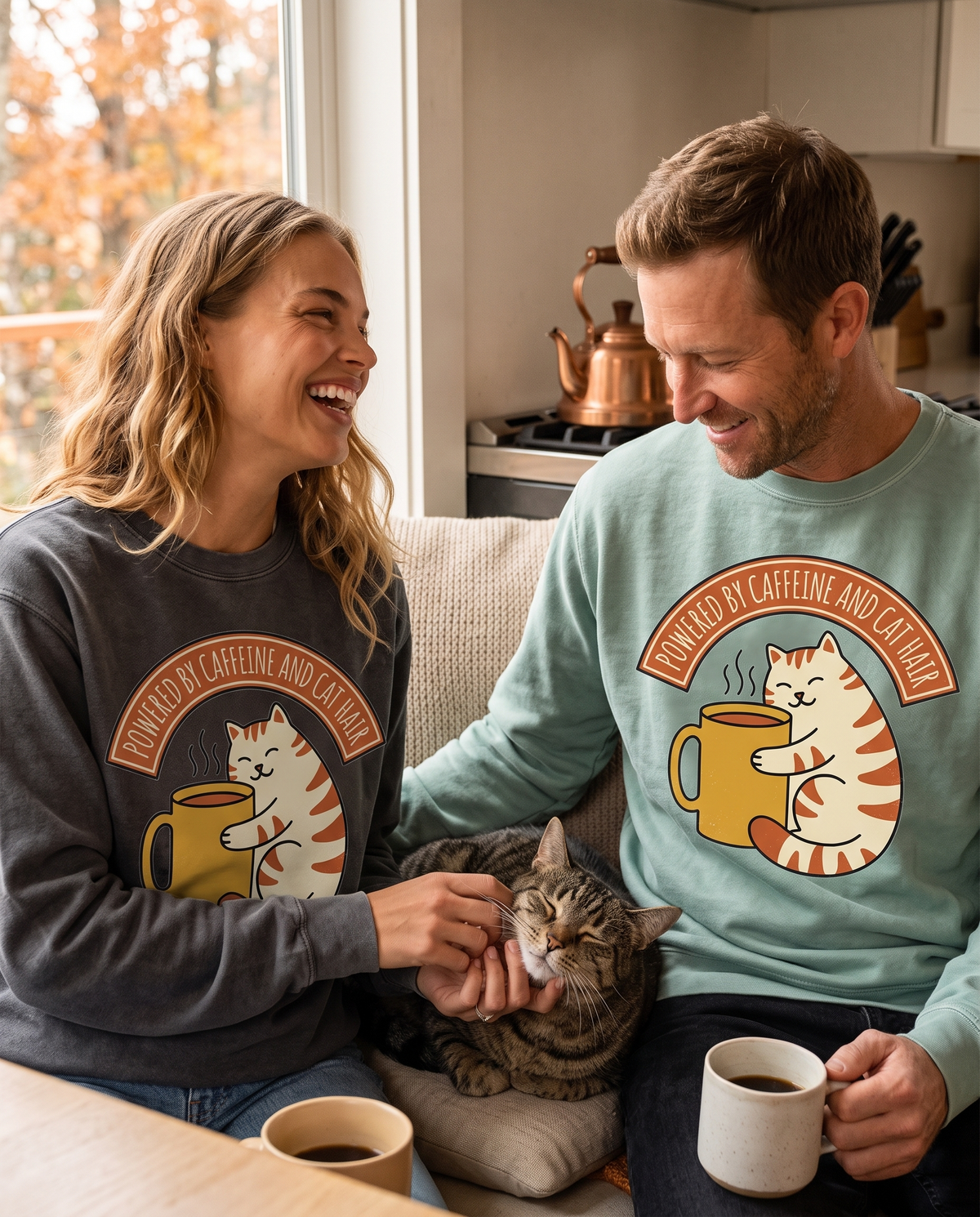 Couple on a couch petting a tabby cat with mugs of coffee, wearing Cat Coffee Powered by Caffeine crewnecks in Smoke and Seafoam