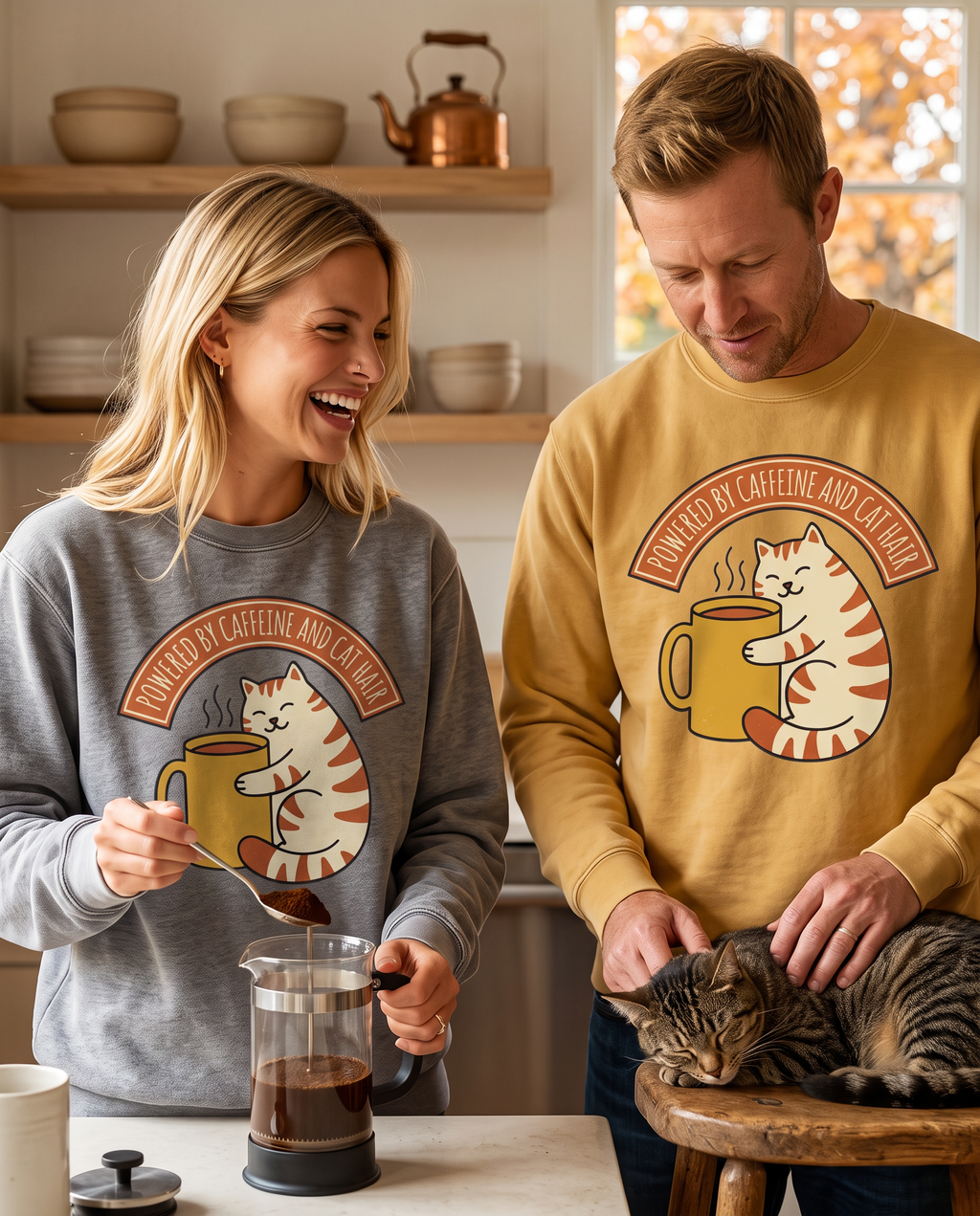 Couple in a kitchen making French press coffee and petting a tabby cat, in Cat Coffee Powered by Caffeine Grey and Citrine crewnecks
