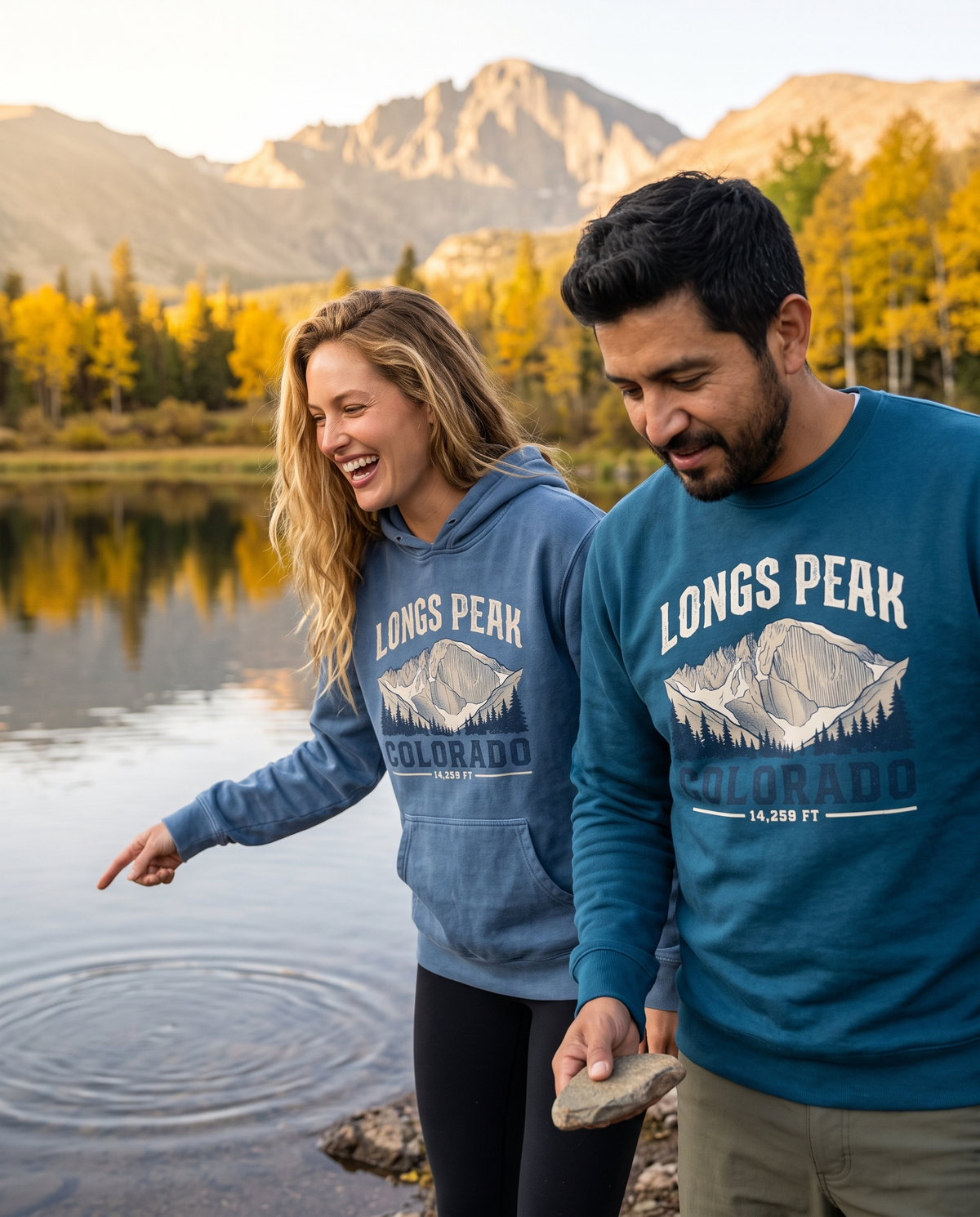 Couple at a mountain lake below Longs Peak in the Longs Peak Colorado 14,259 ft hoodie and crewneck