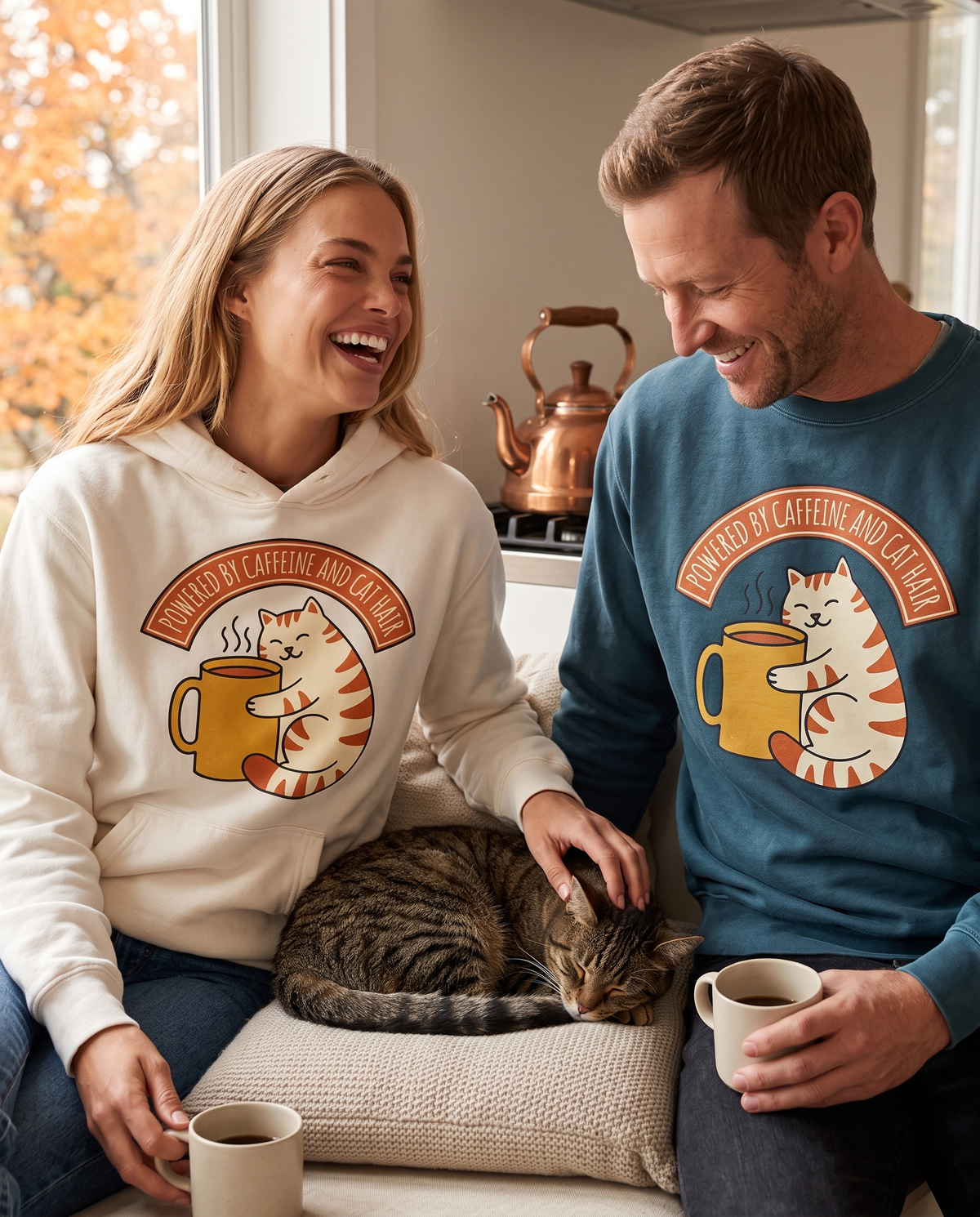 Couple on a sunny window seat with a tabby cat and coffee, in a Cat Coffee Powered by Caffeine White hoodie and Ocean crewneck