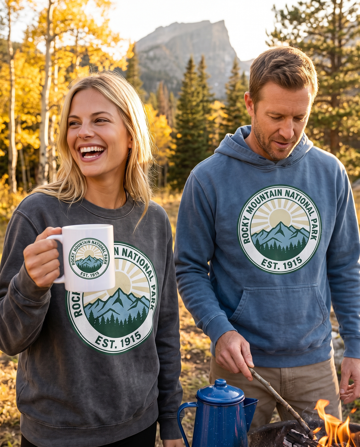 Couple at a campfire in the Rockies with the Rocky Mountain National Park mug, Smoke crewneck and Blue Jean hoodie