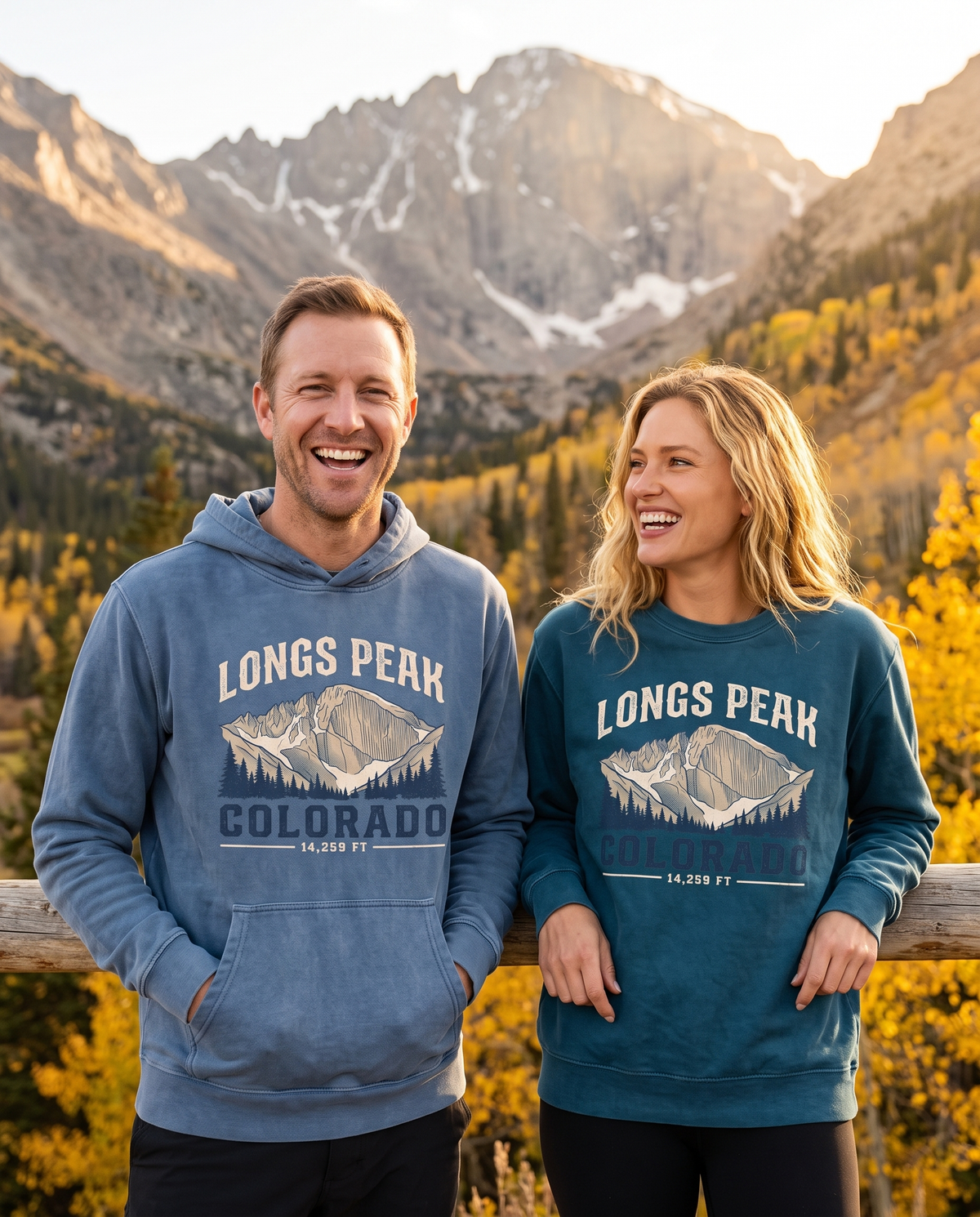 Couple leaning on a fence at a Longs Peak overlook in the Longs Peak Colorado 14,259 ft hoodie and crewneck
