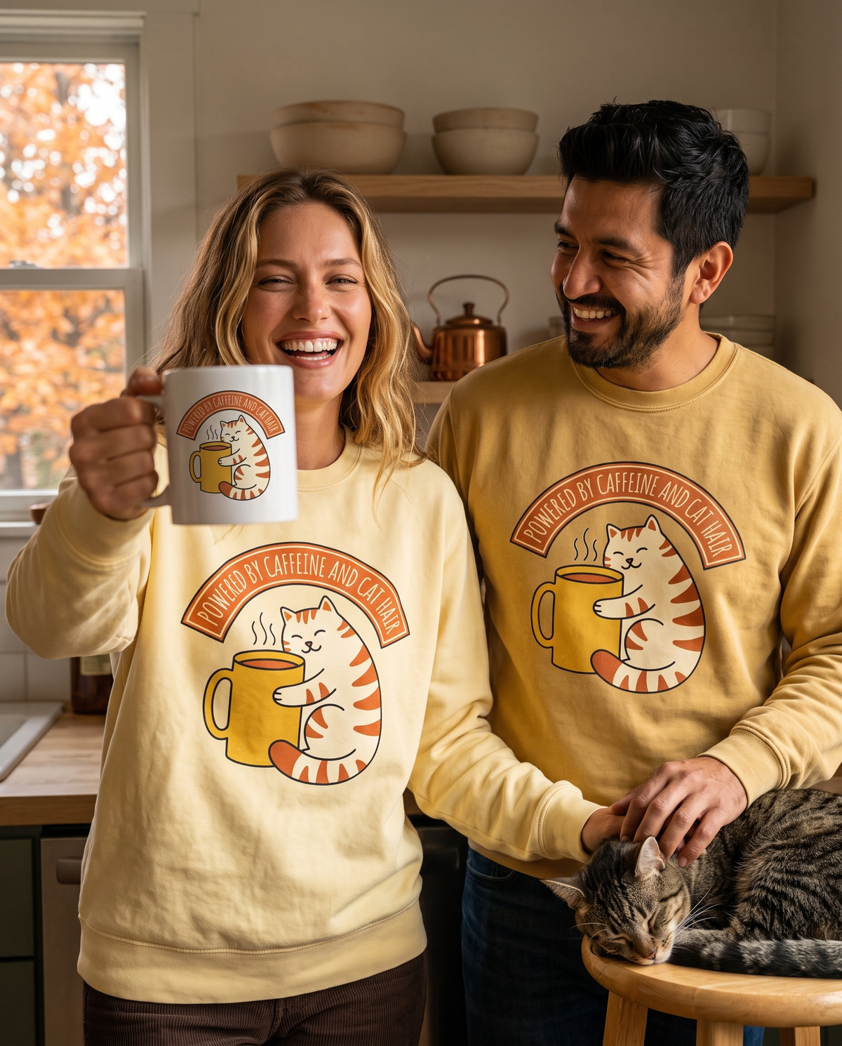 Couple in a kitchen raising the Cat Coffee mug and petting a cat, in Cat Coffee Powered by Caffeine Butter and Citrine crewnecks
