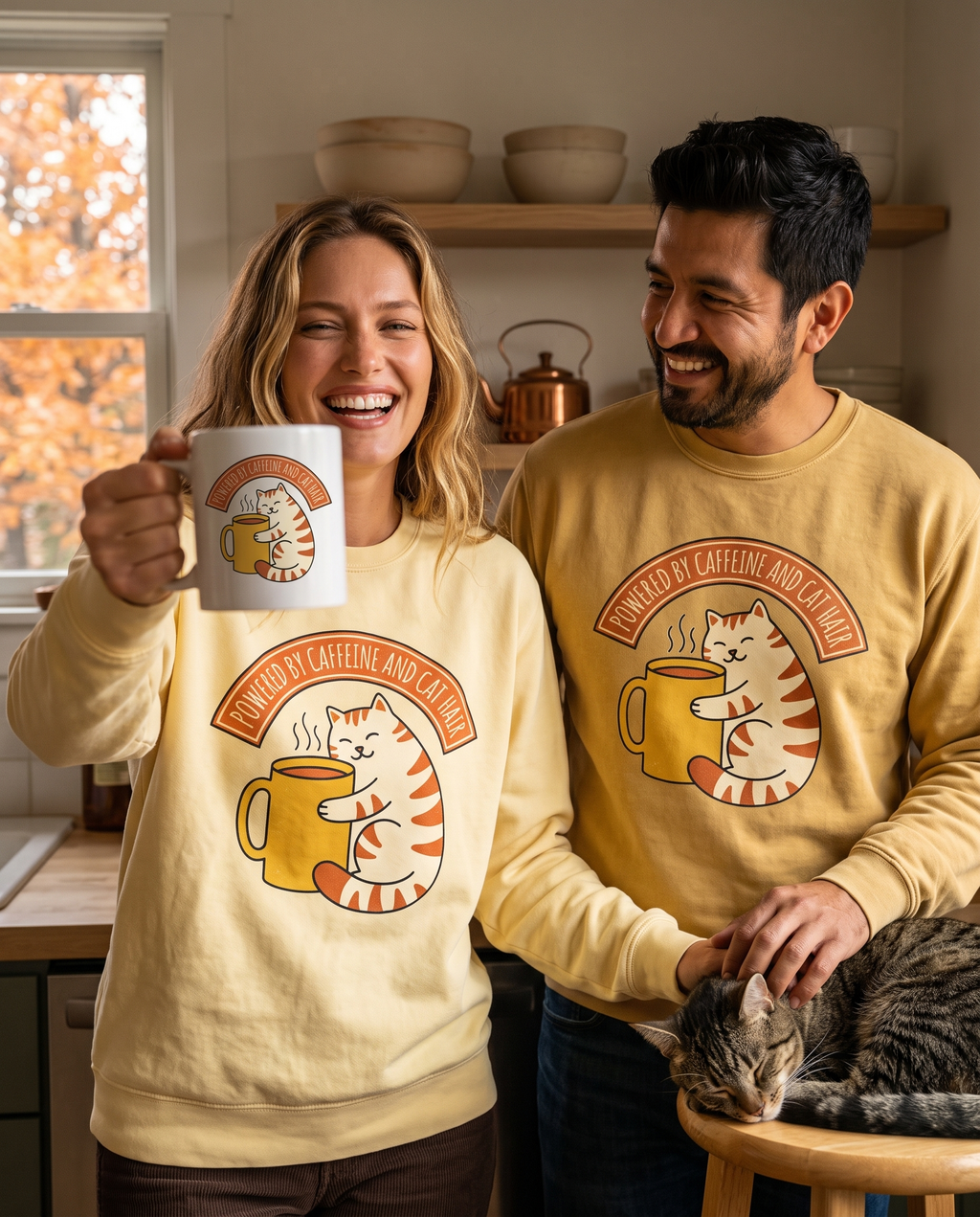 Couple in a kitchen raising the Cat Coffee mug and petting a cat, in Cat Coffee Powered by Caffeine Butter and Citrine crewnecks